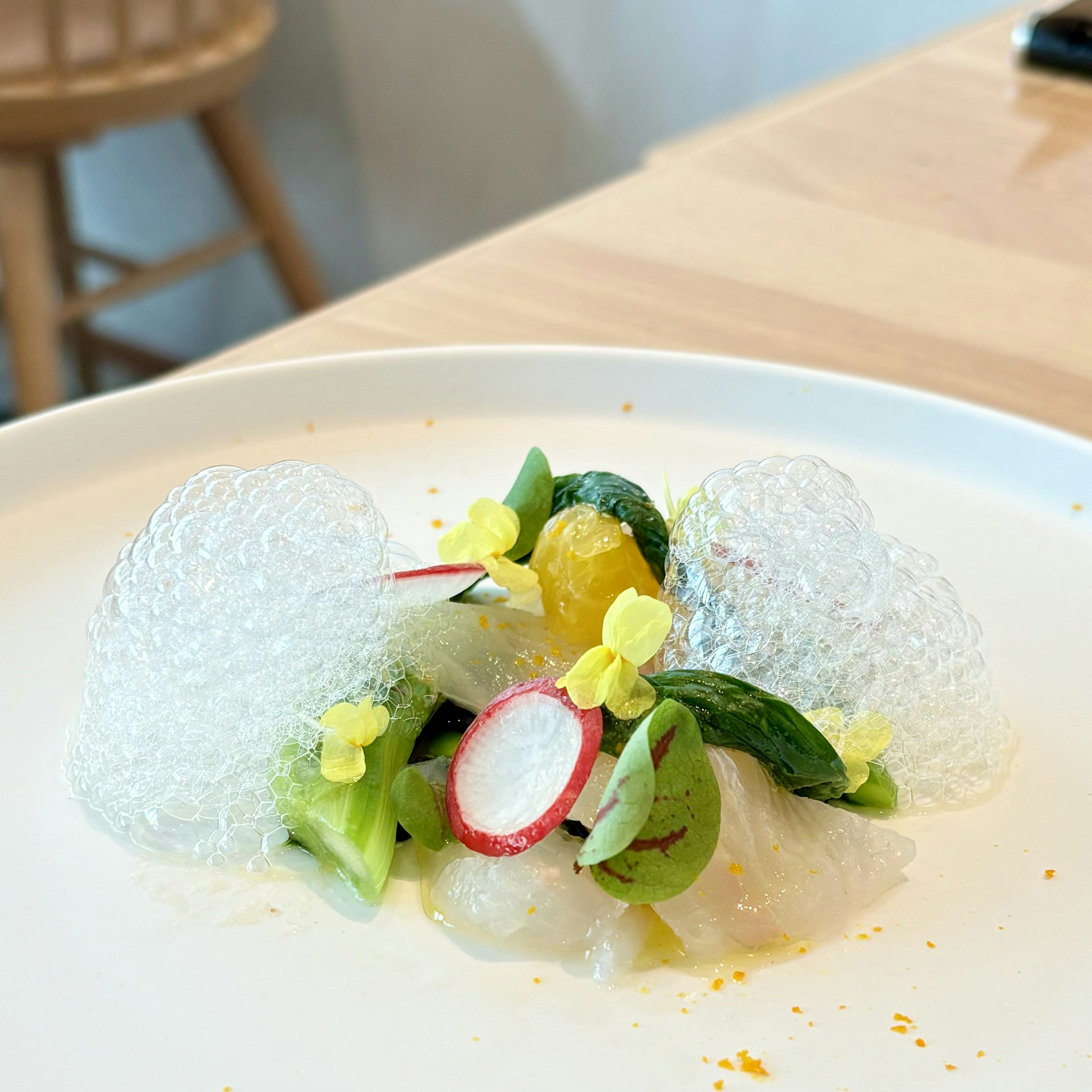 Creative dish featuring transparent bubbles and fresh vegetables