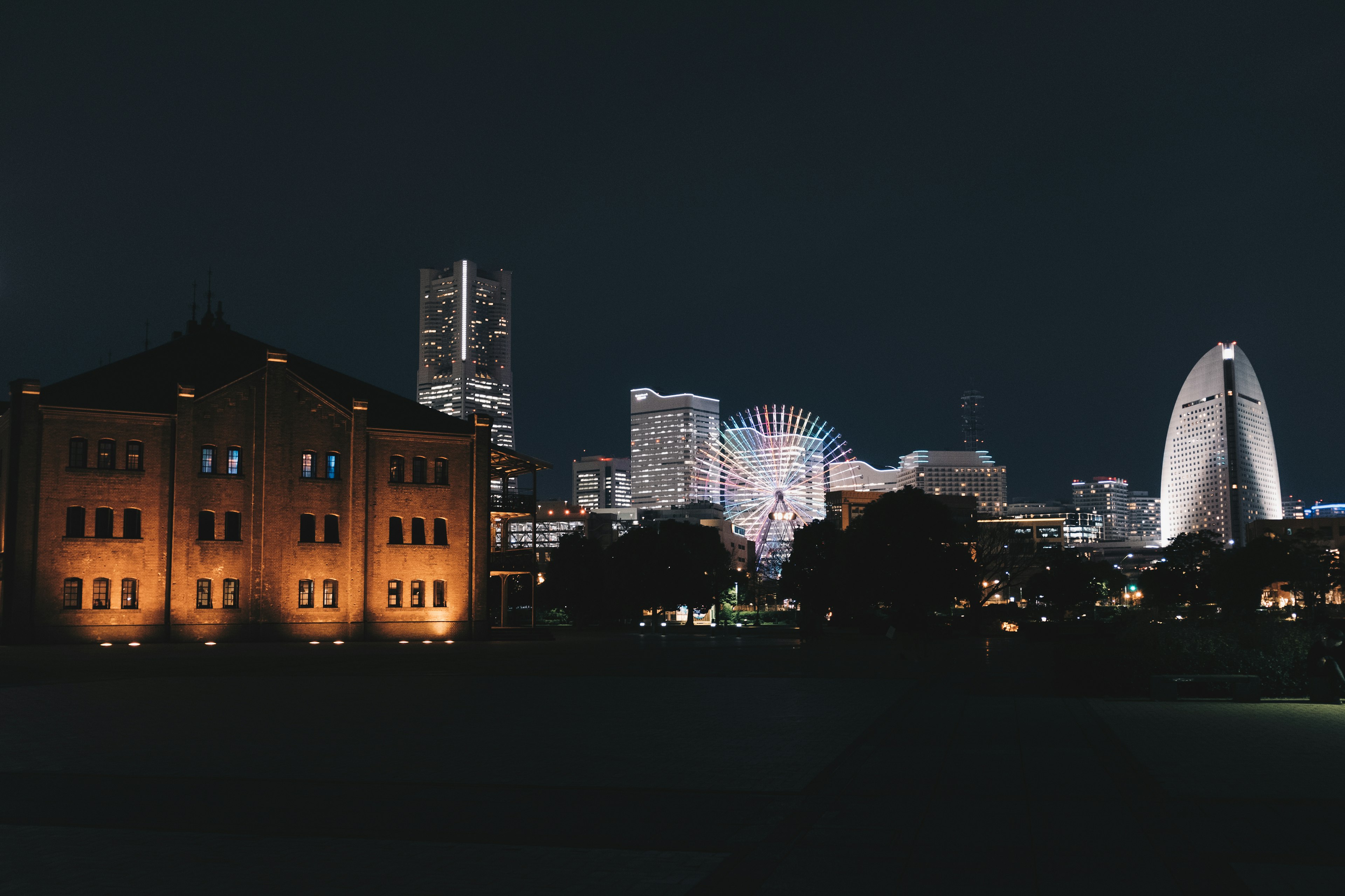 Beautiful skyline of Yokohama at night with historic buildings