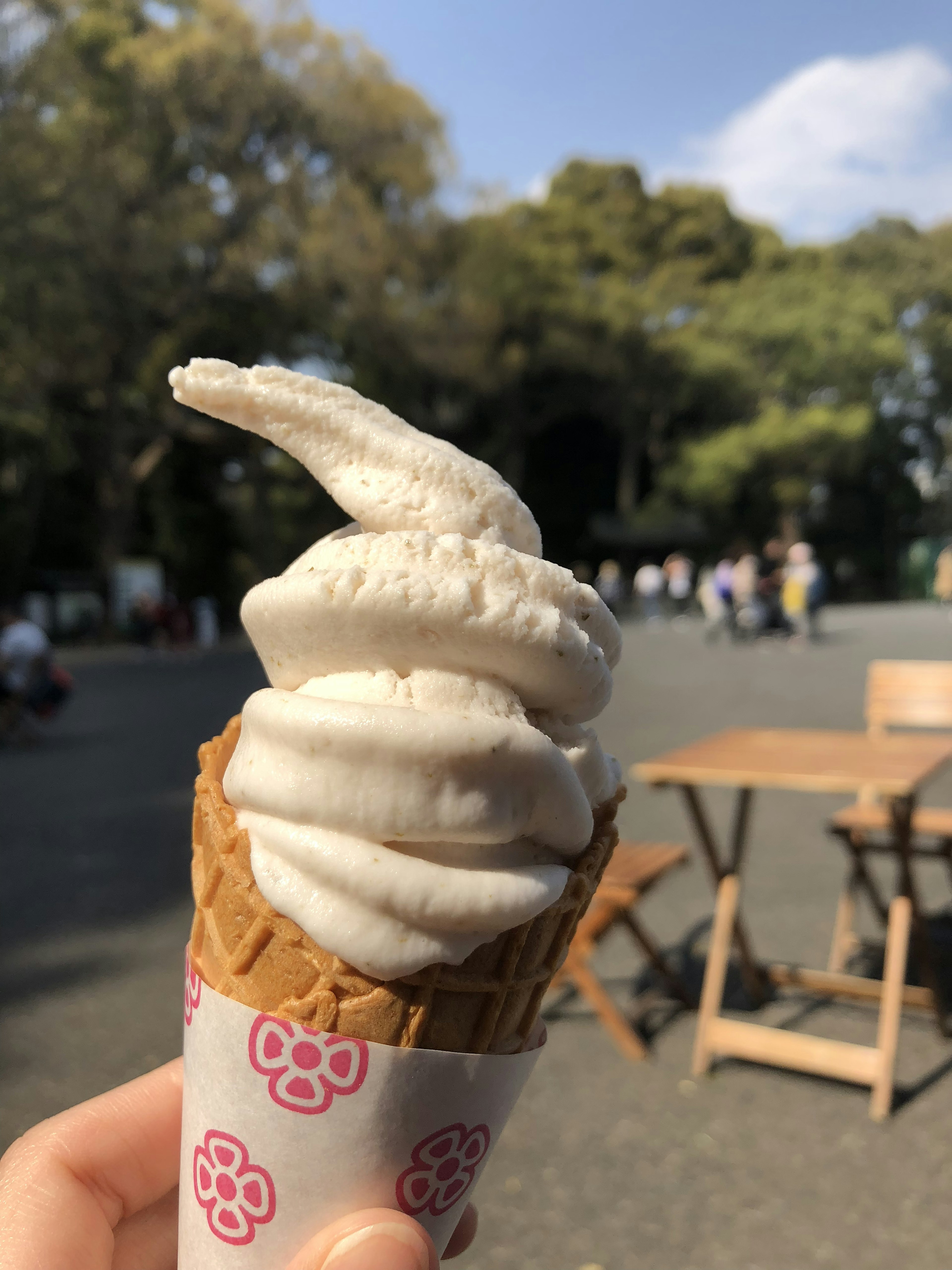 Soft serve ice cream in a cone with a park background