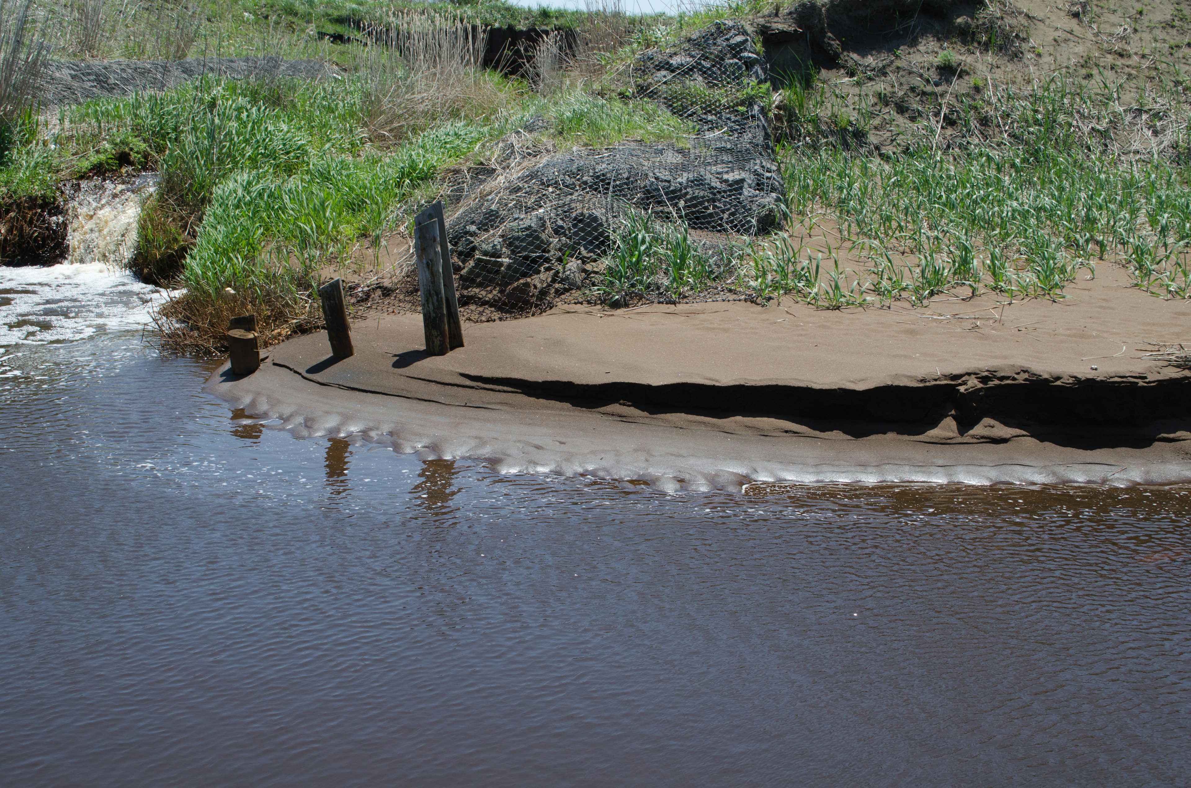 Escena de ribera con playa de arena y agua fluyendo postes de madera antiguos visibles