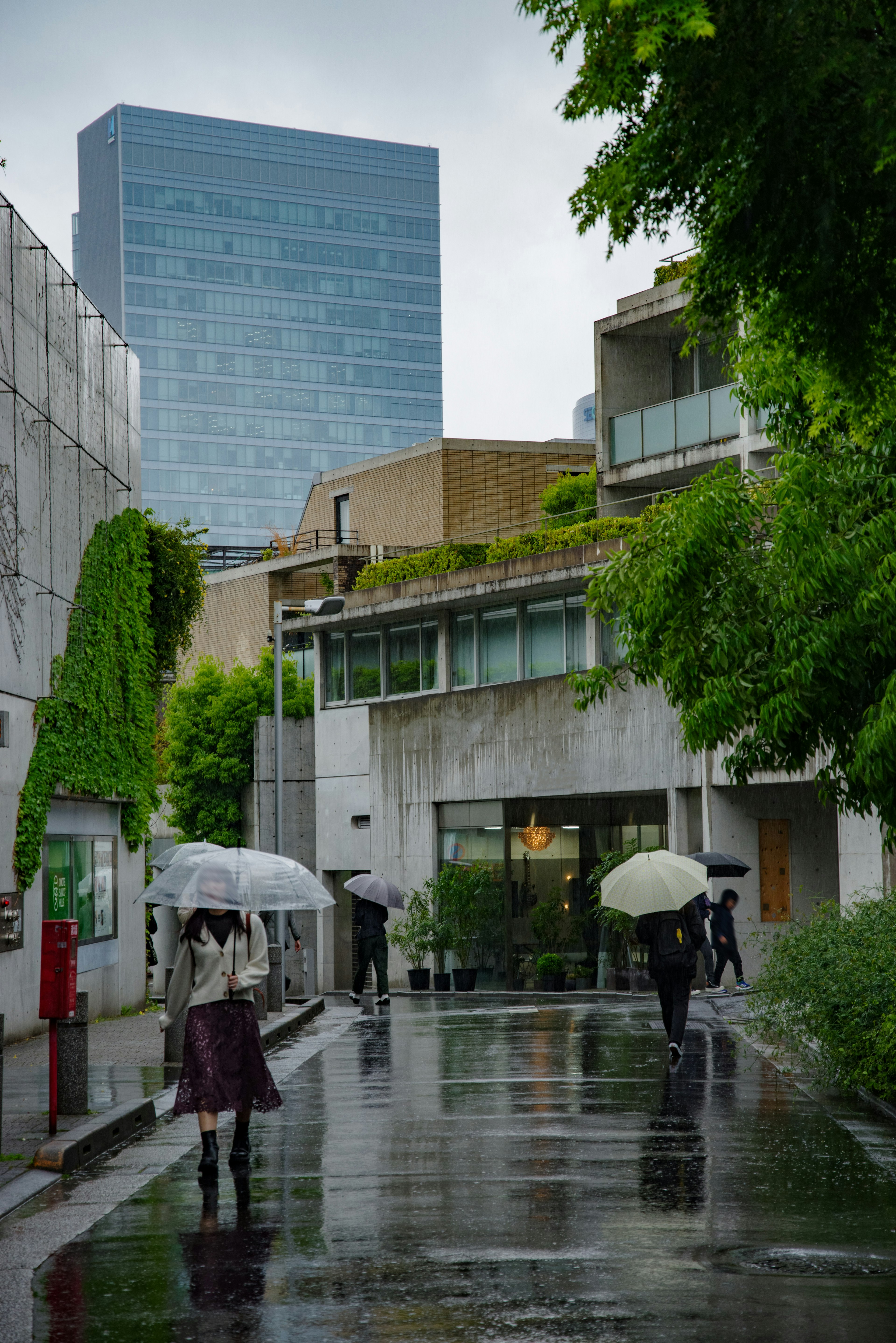 雨水浸湿的街道上有人撑着伞走动背景有高楼大厦