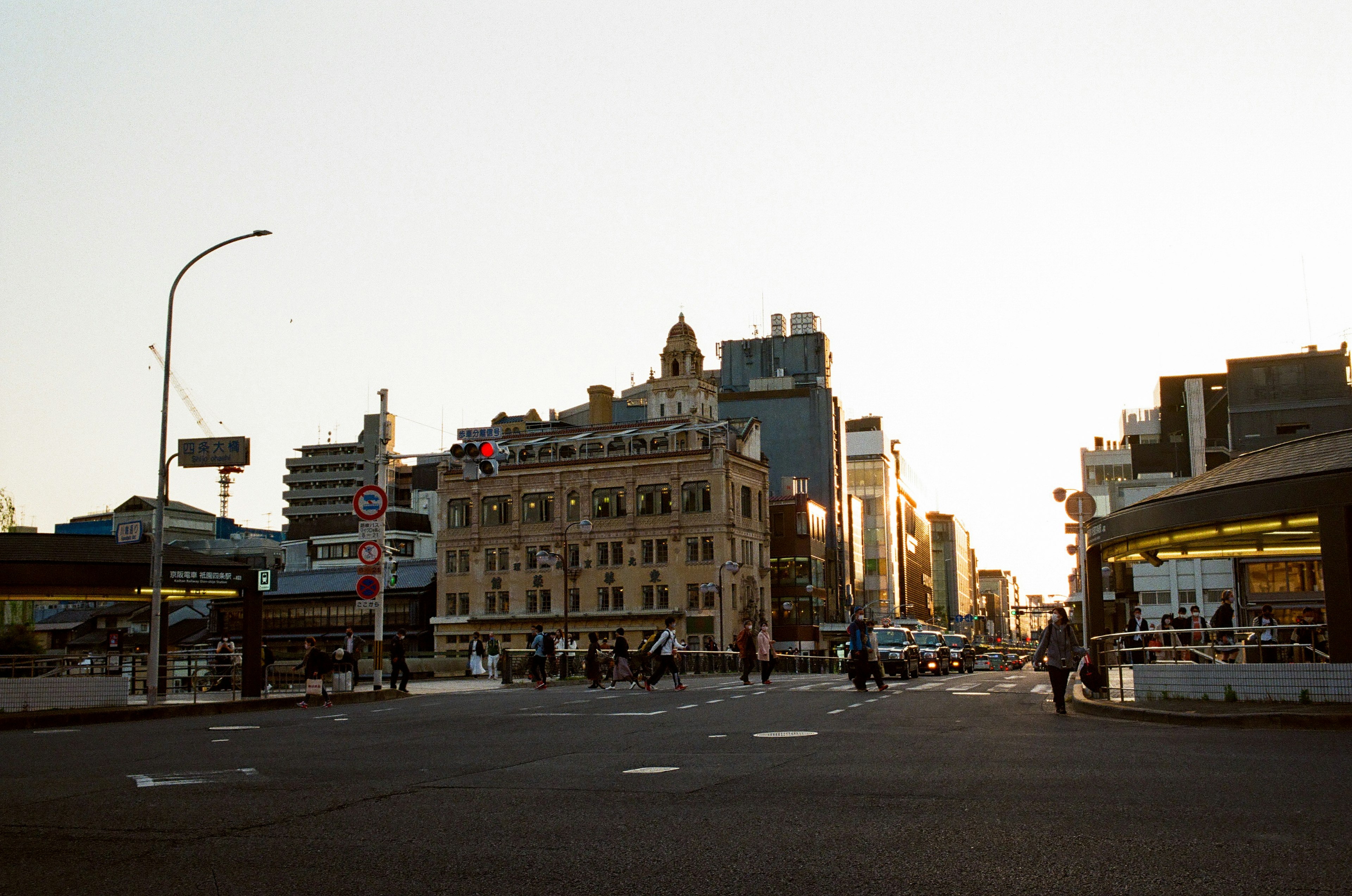 Urban landscape at dusk featuring historical architecture