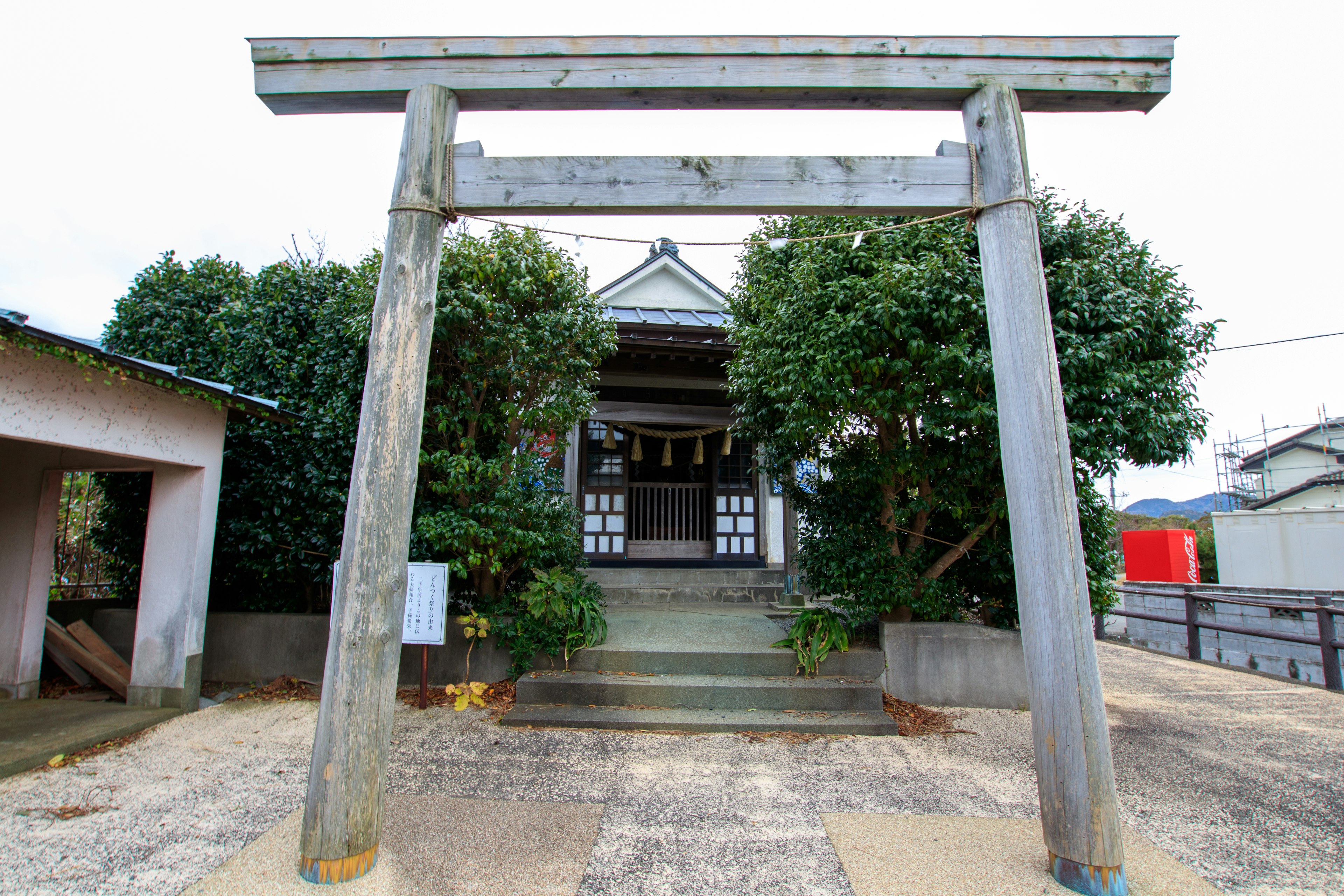 木製の鳥居の前にある神社の景色 緑の木々と伝統的な建物