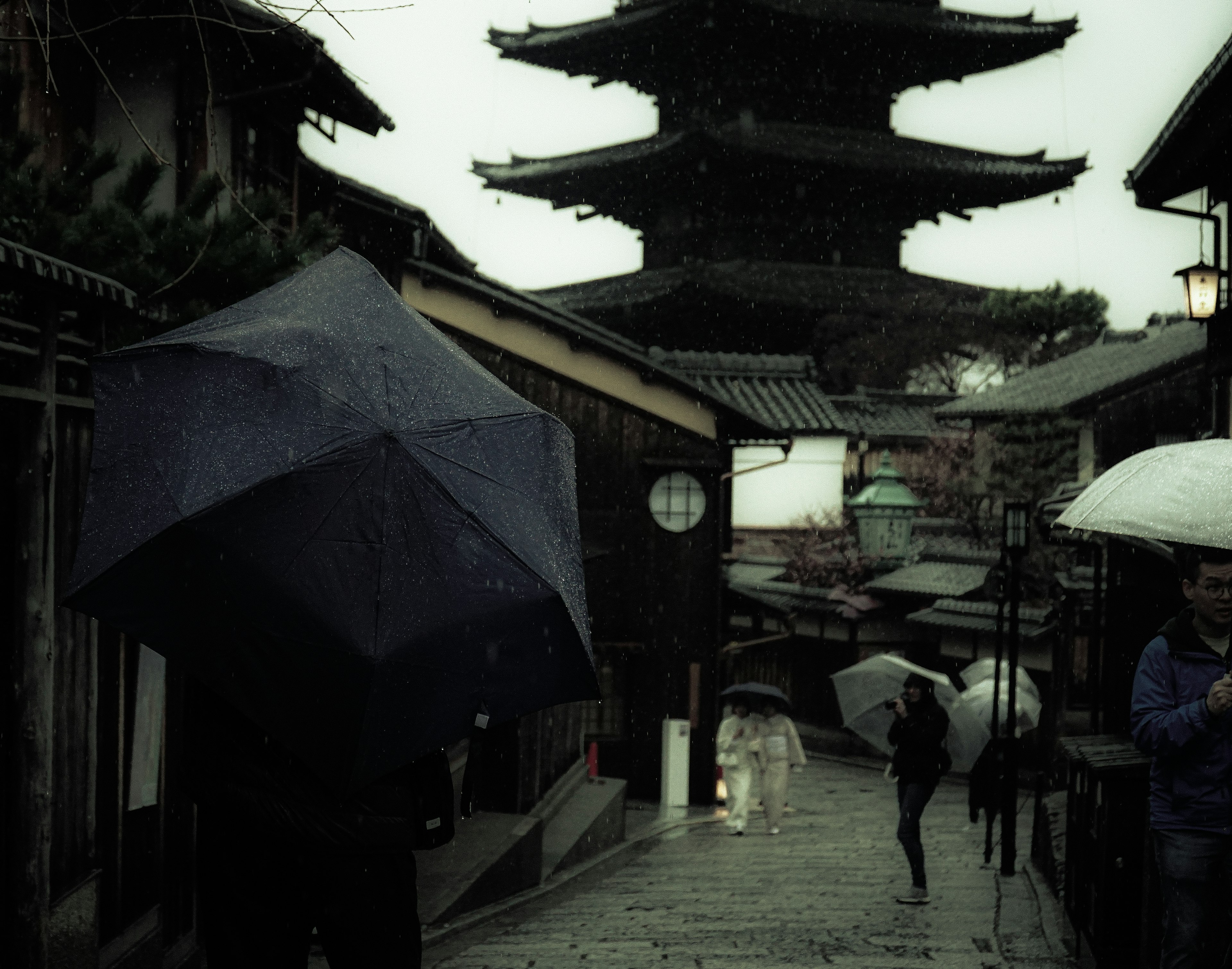 雨の中の伝統的な日本の街並みと五重塔