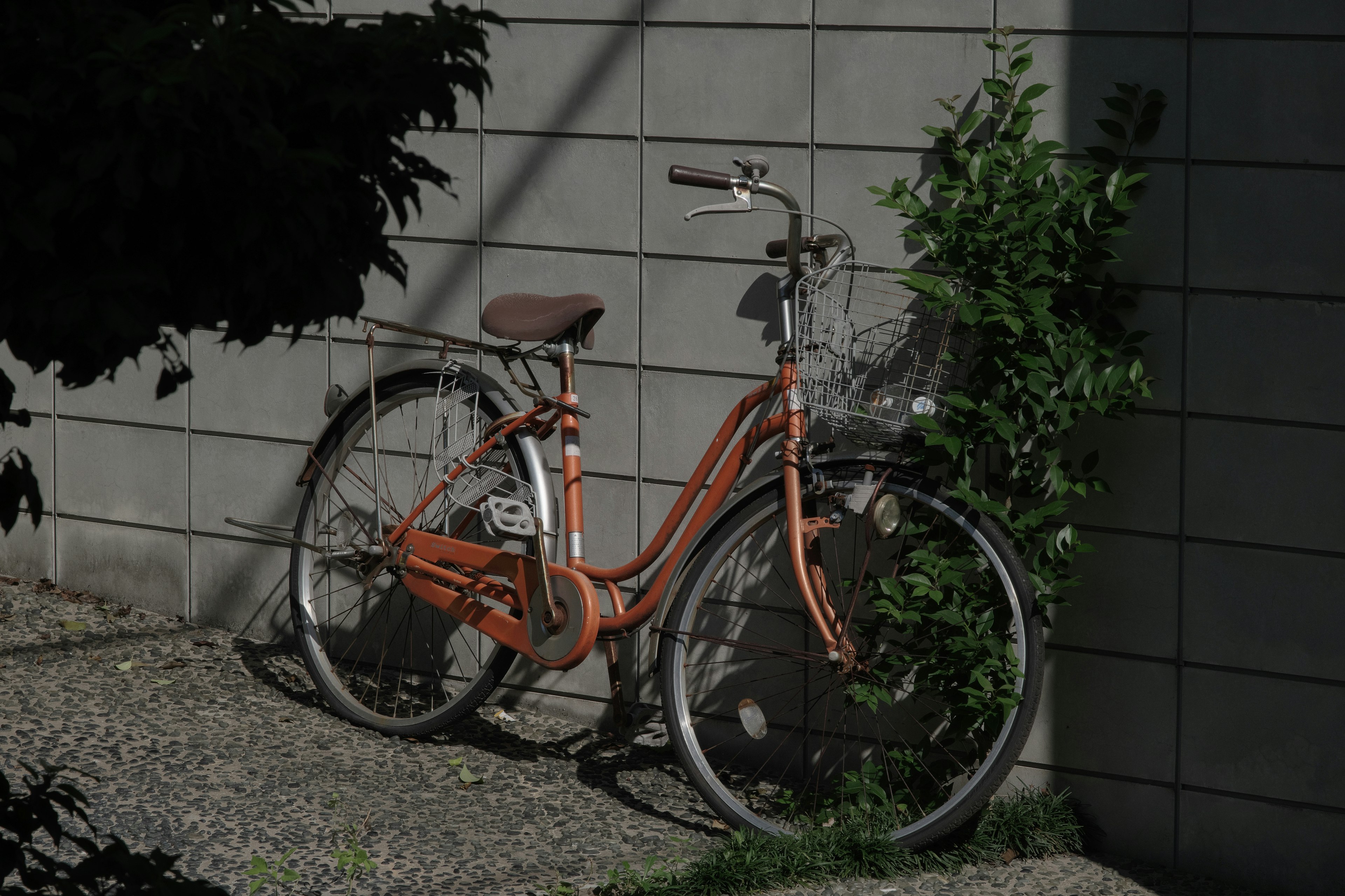 Una bicicleta naranja apoyada contra una pared con vegetación cercana