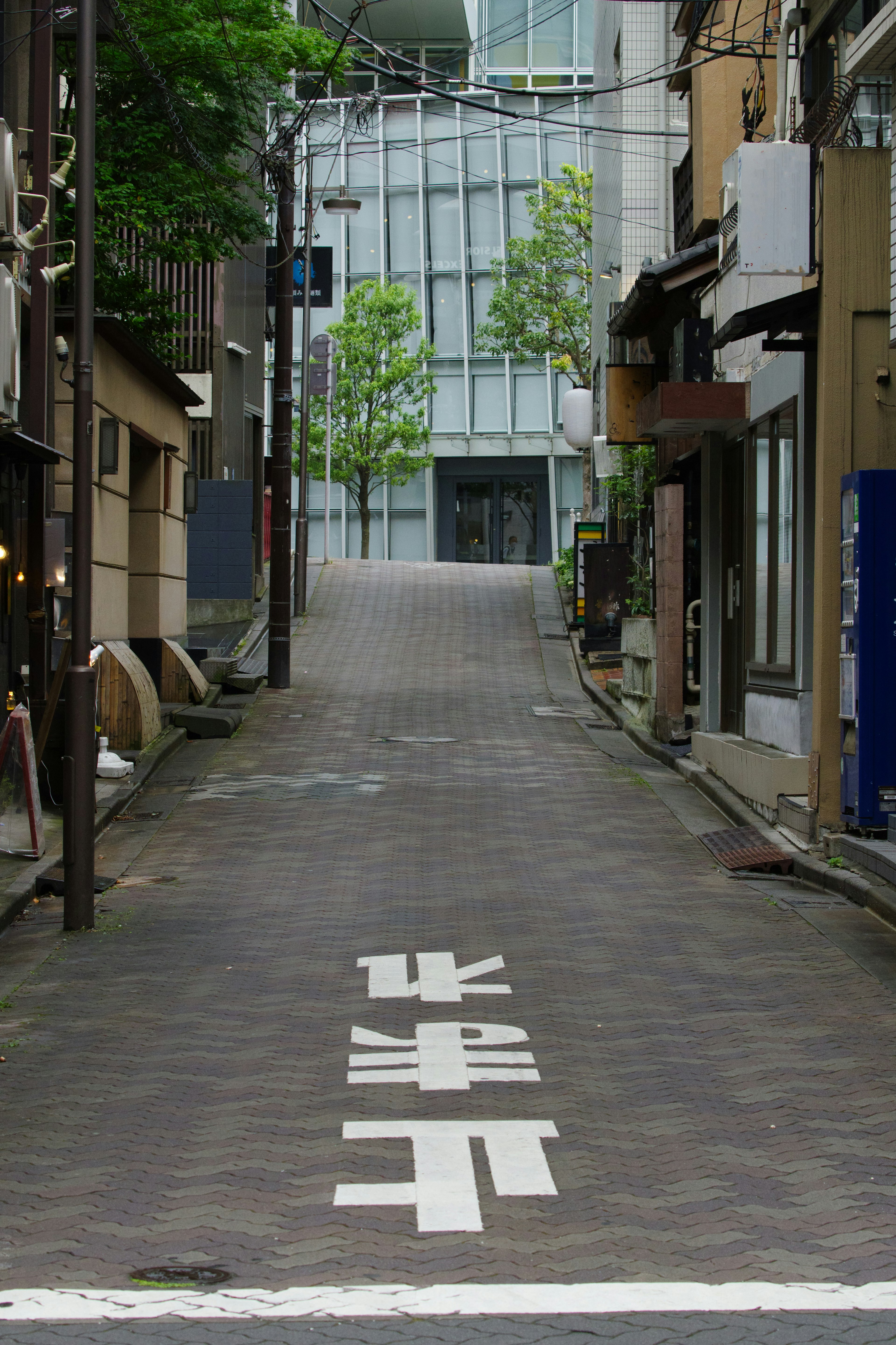 Narrow street with buildings and green trees in the background