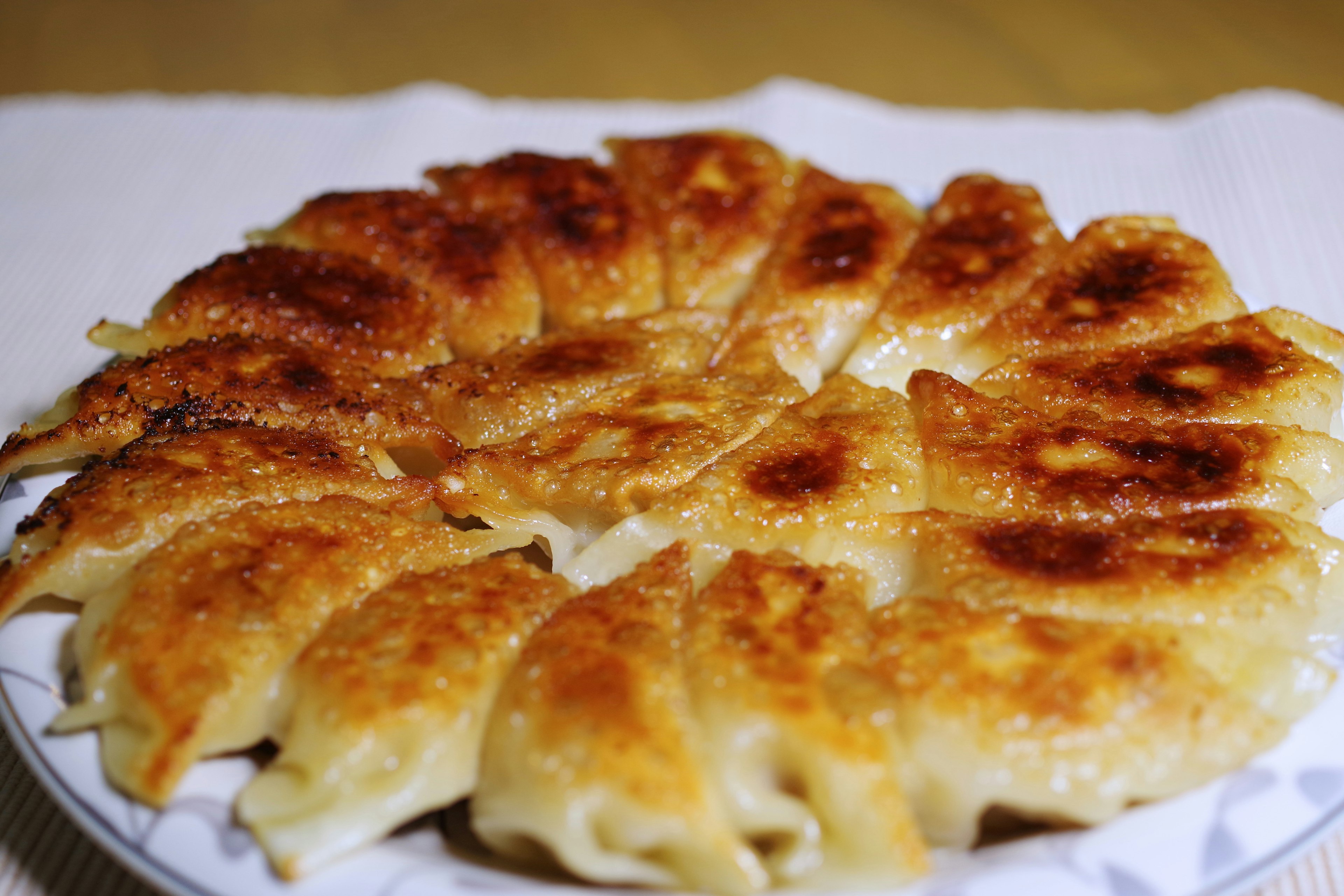 A plate of beautifully arranged fried dumplings