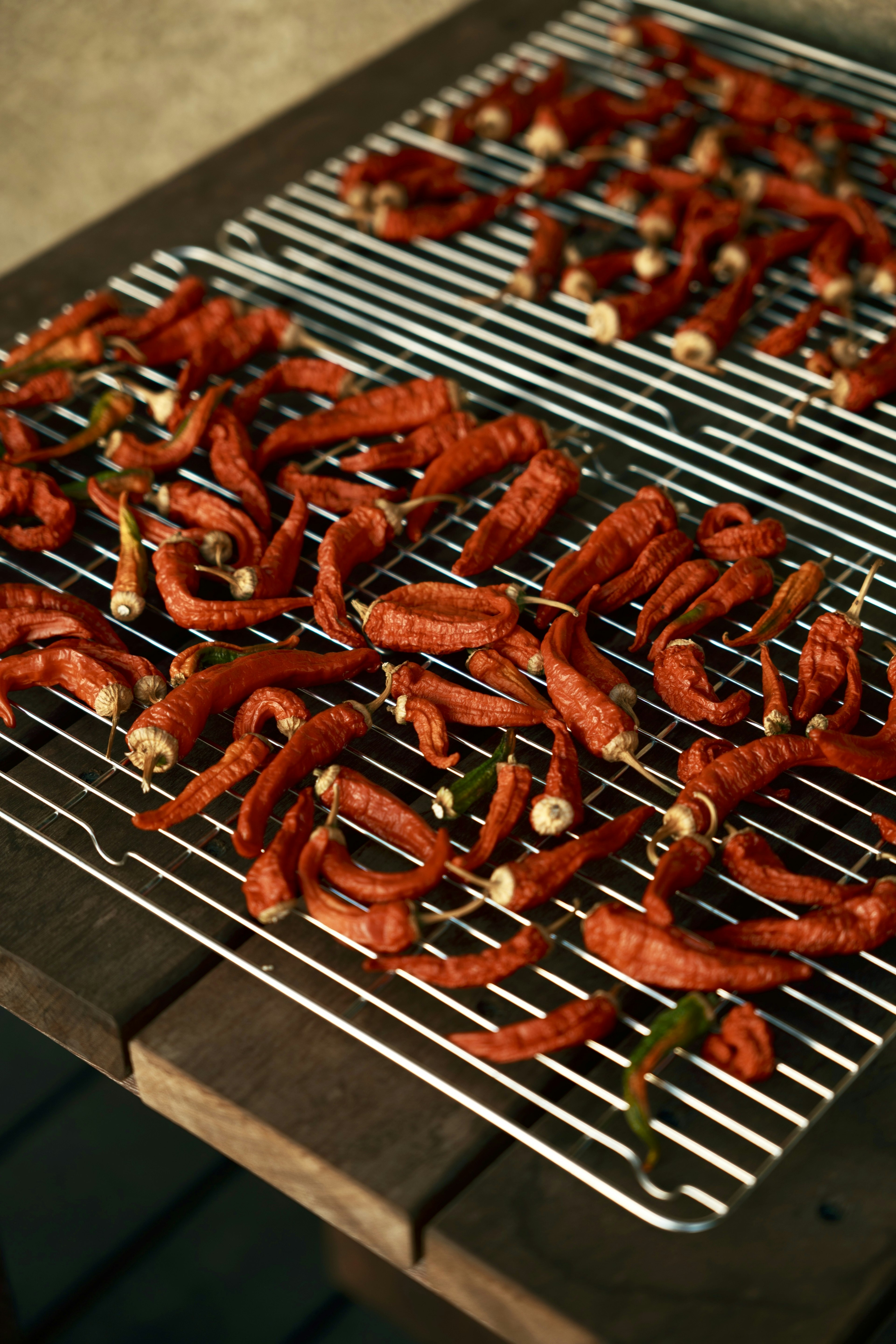 Dried chili peppers arranged on a metal rack