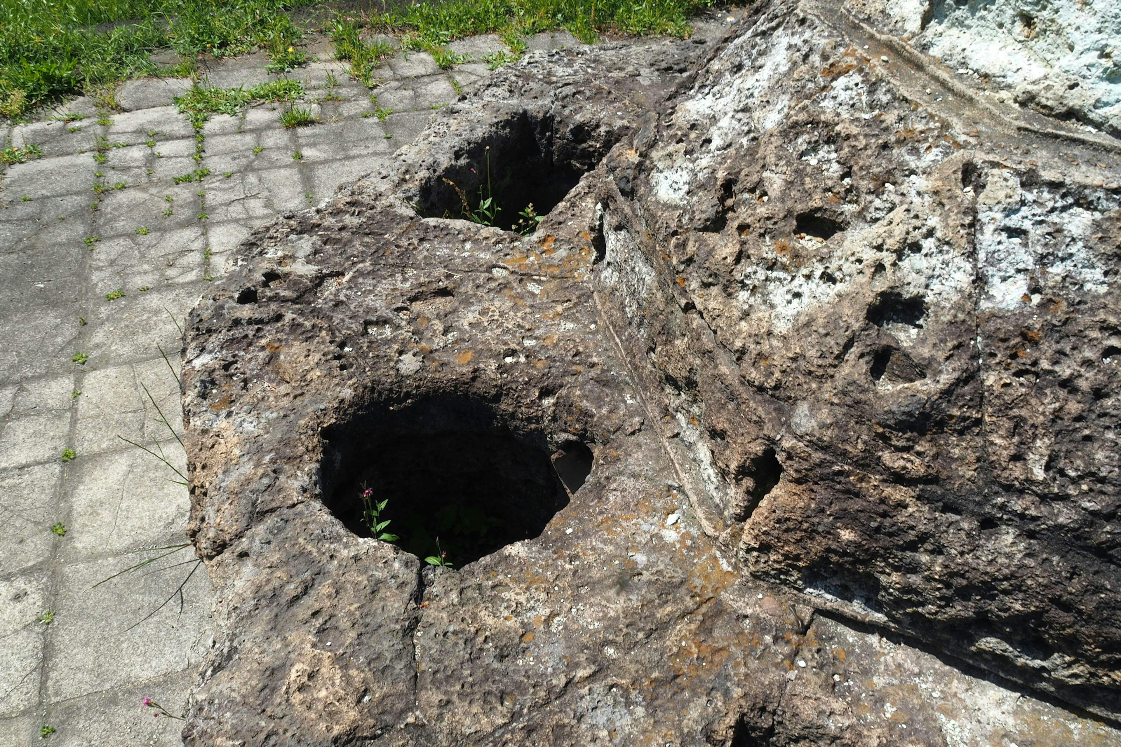 Two circular holes in a stone surface with surrounding grass