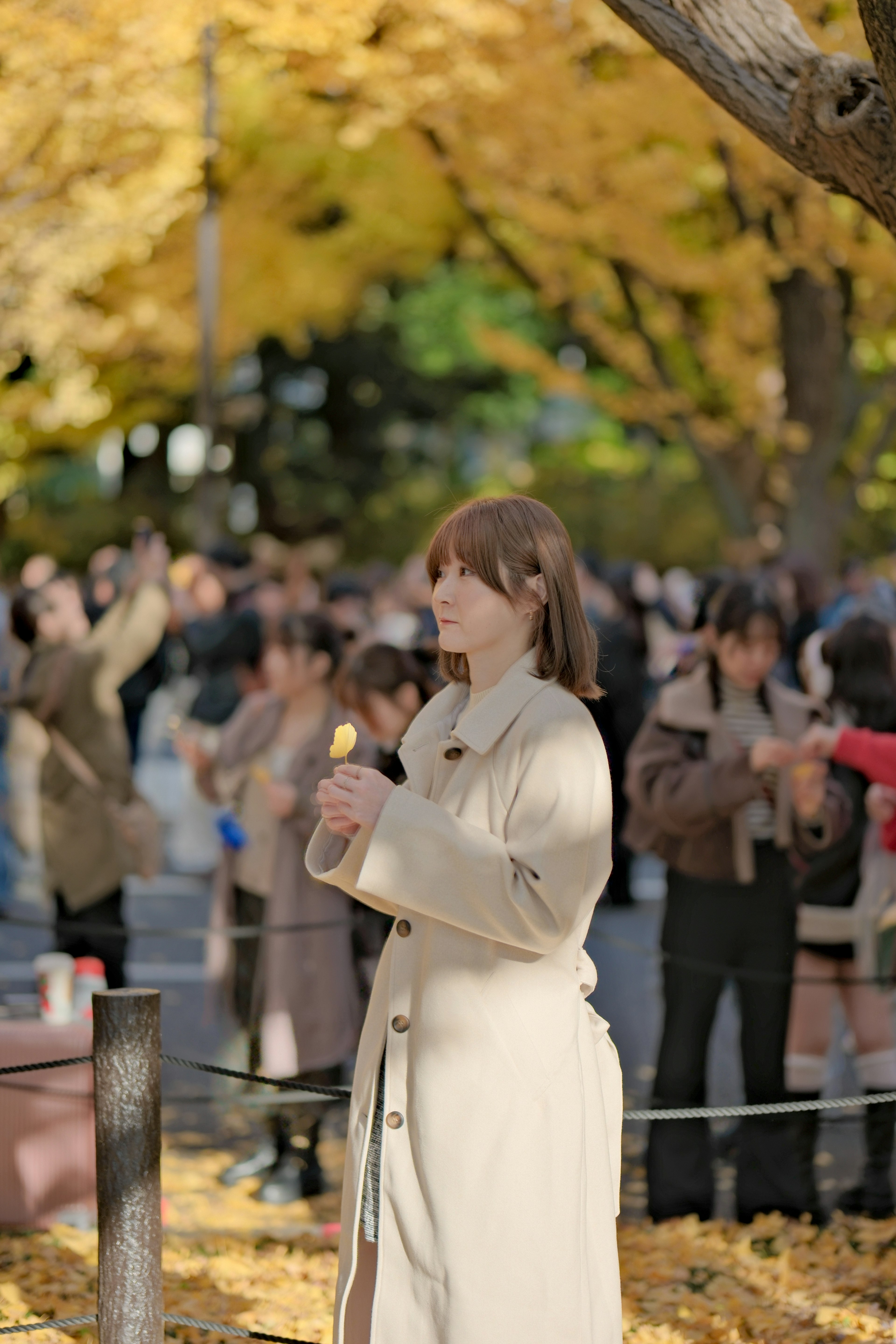 秋の公園で黄色い葉の中に立つ女性と人々の群れ