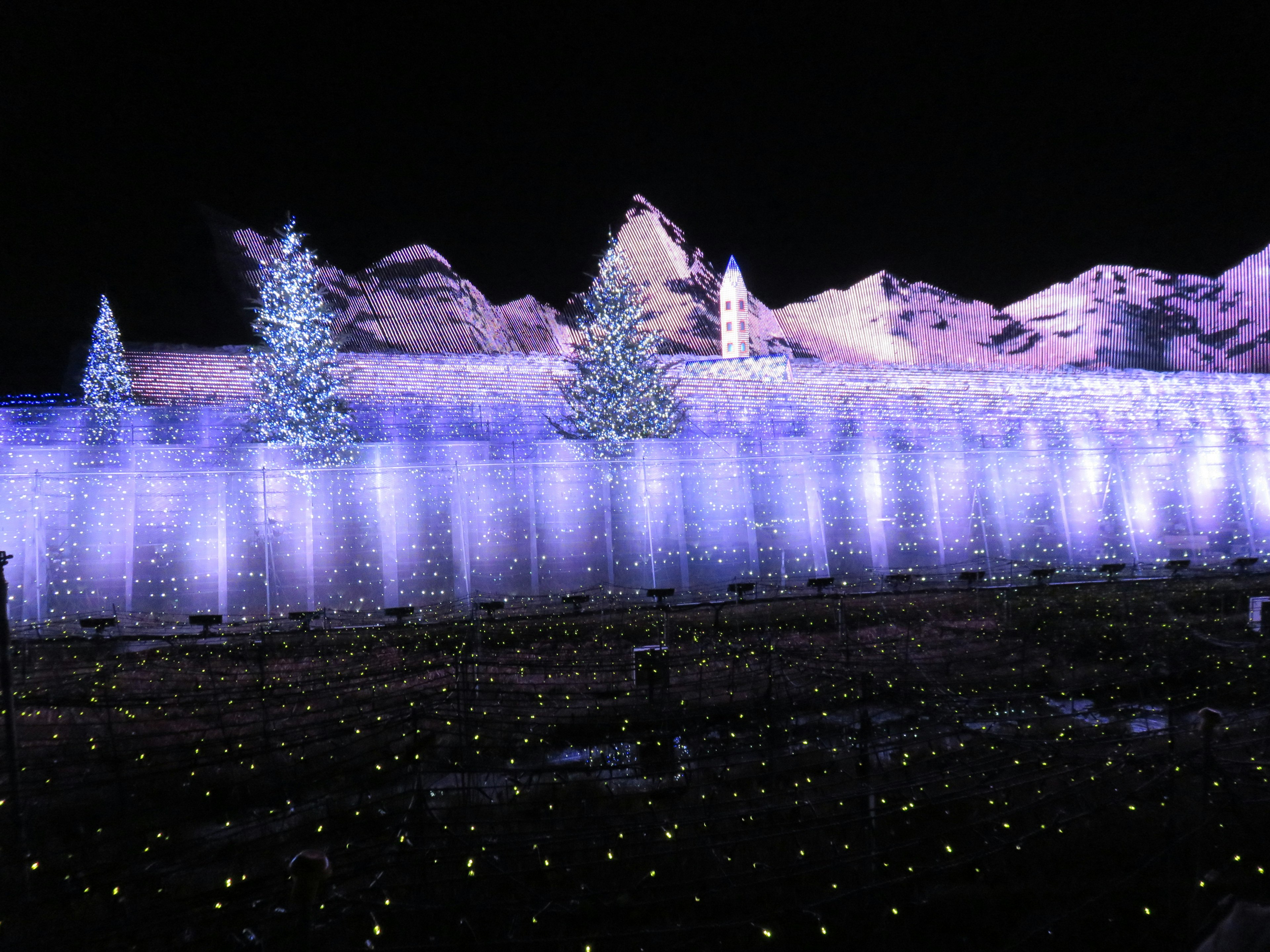 Montagnes enneigées et arbres de Noël illuminés de lumières bleues la nuit