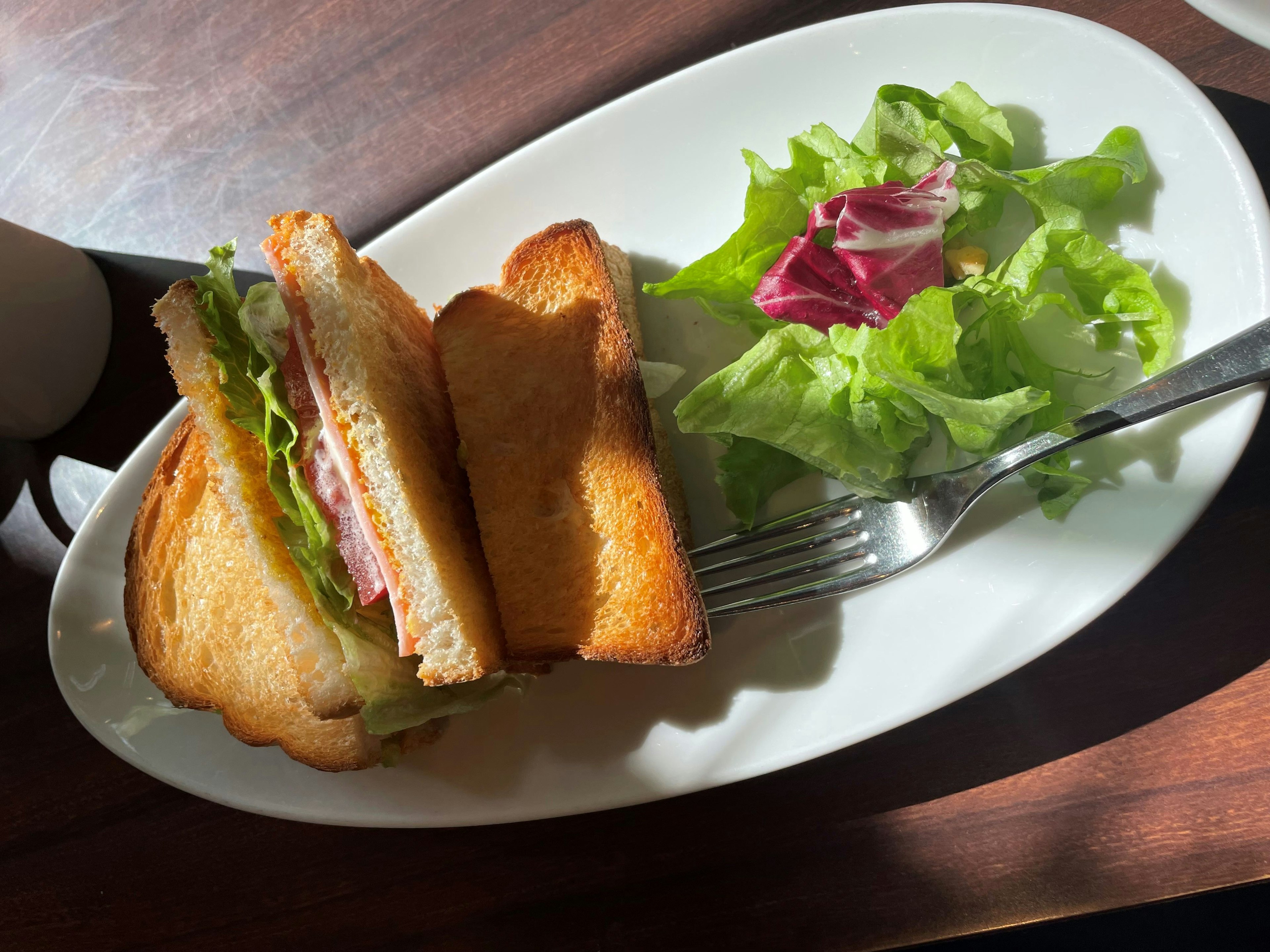 Sandwich panggang dengan selada dan salad di piring