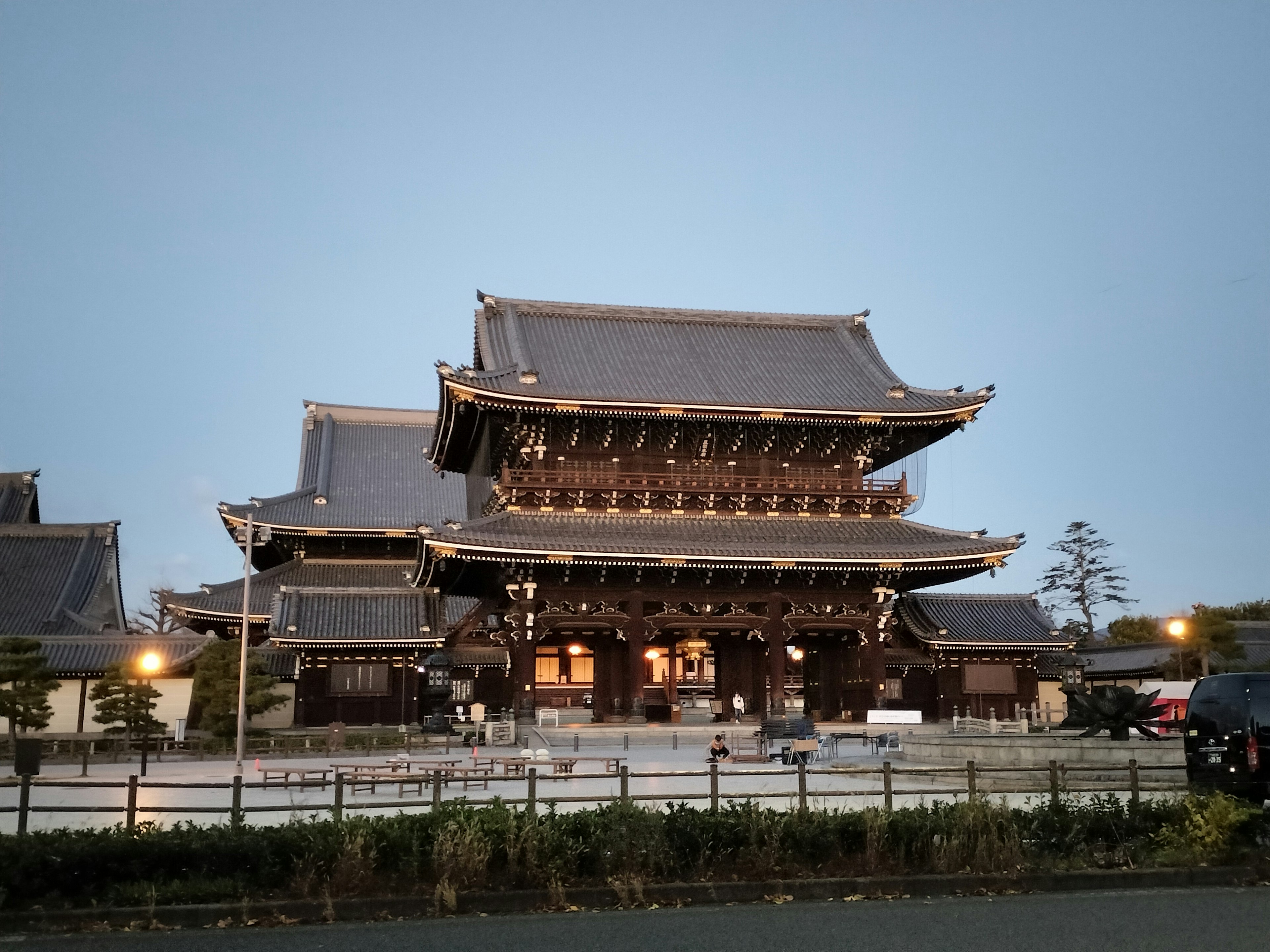 Historic temple building illuminated at dusk