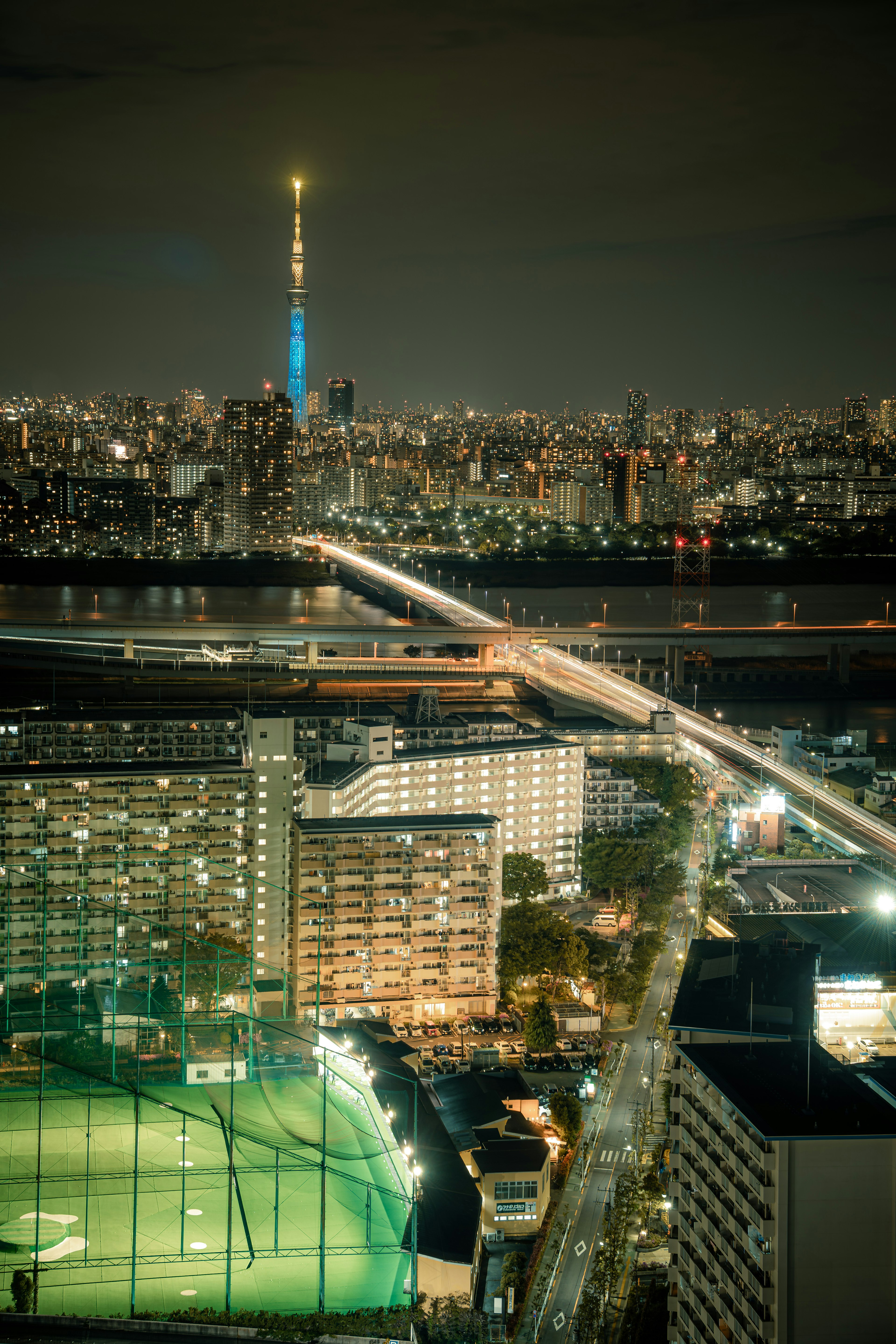 Horizonte de la ciudad de noche con Tokyo Skytree y un puente