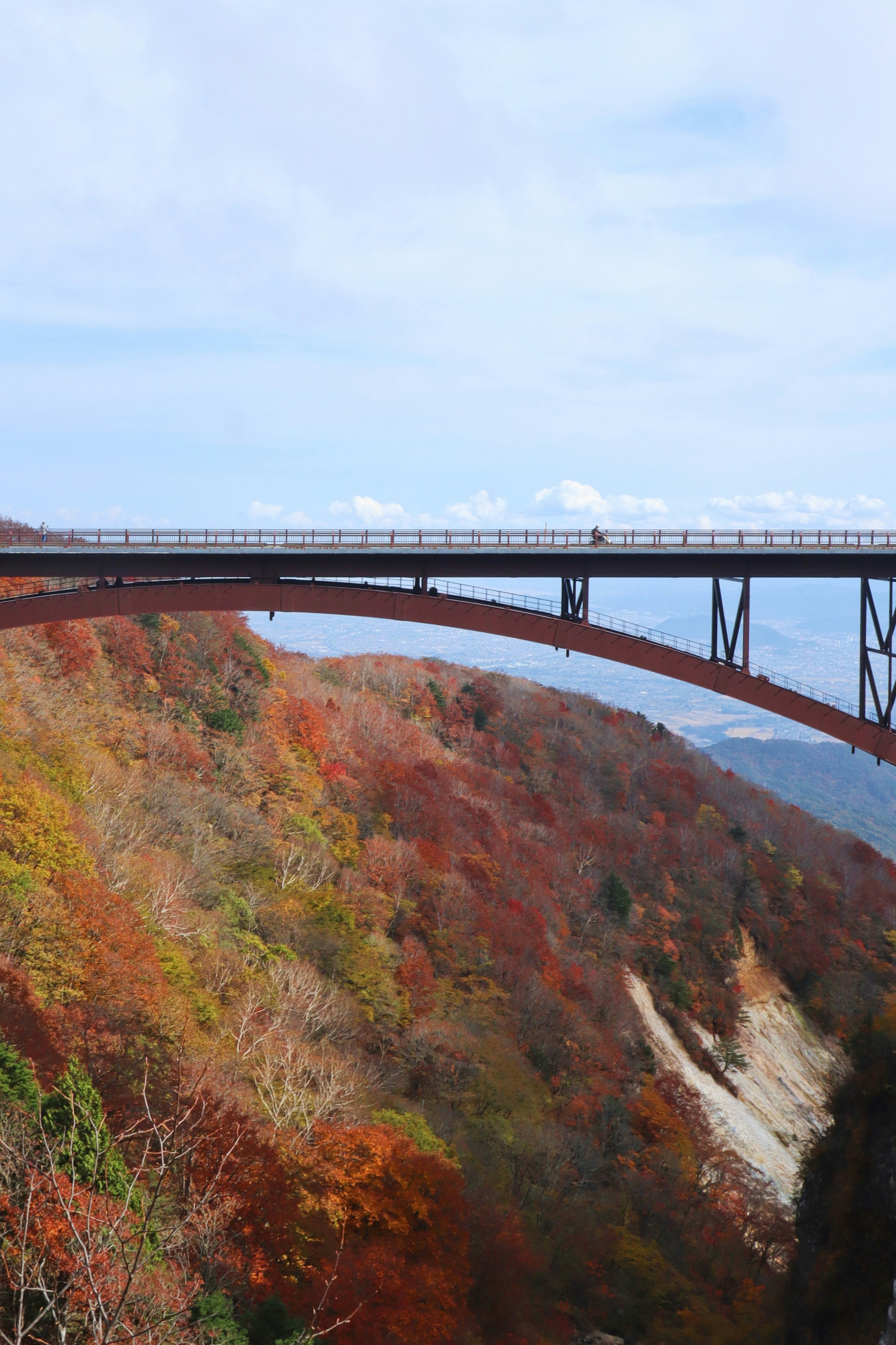 Szenische Aussicht auf eine erhöhte Brücke umgeben von lebhaftem Herbstlaub