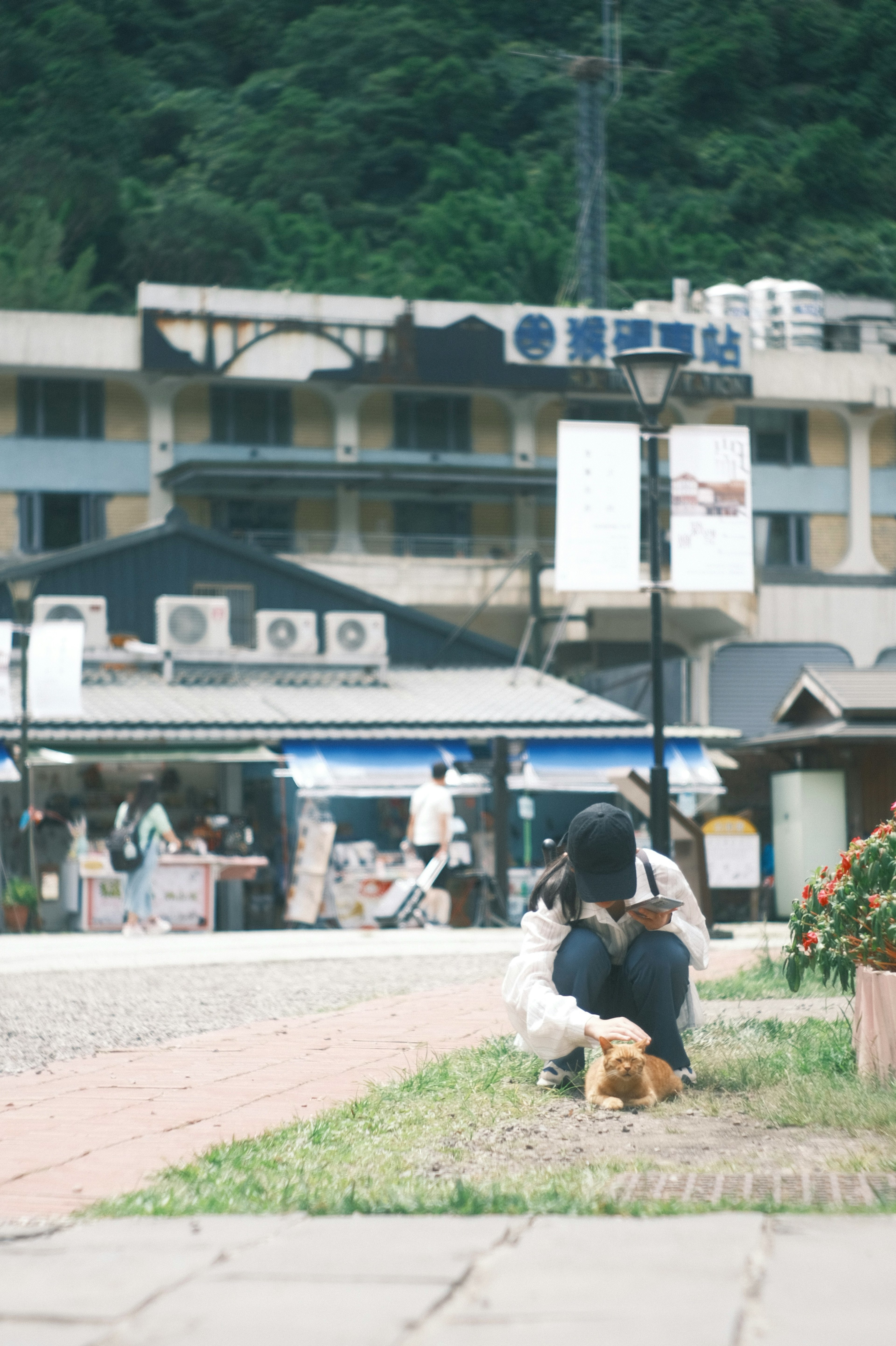 女性が犬と一緒に座っている街の風景