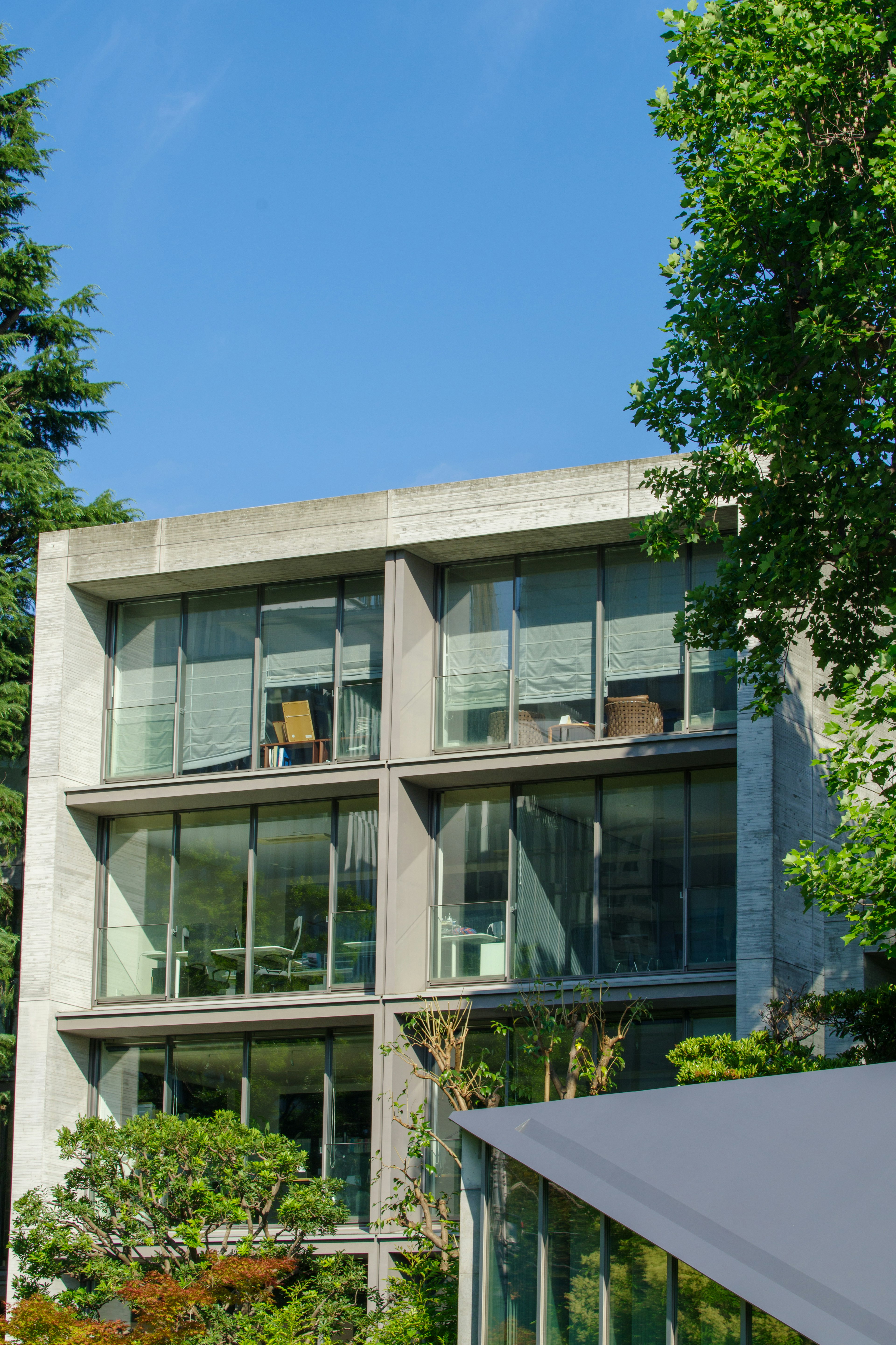 Modern concrete building with large windows and greenery