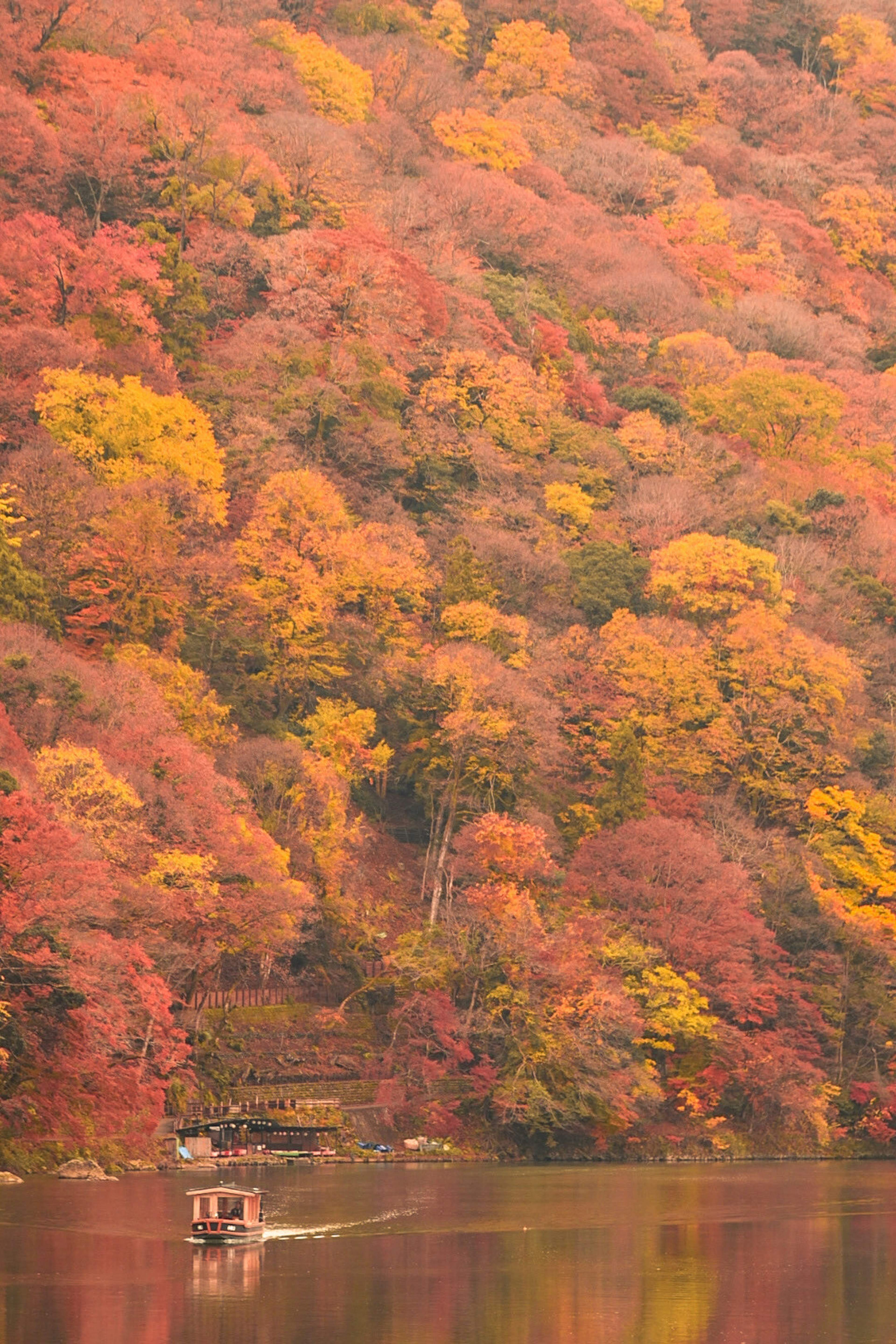 秋の紅葉が美しい山々と湖に浮かぶボート