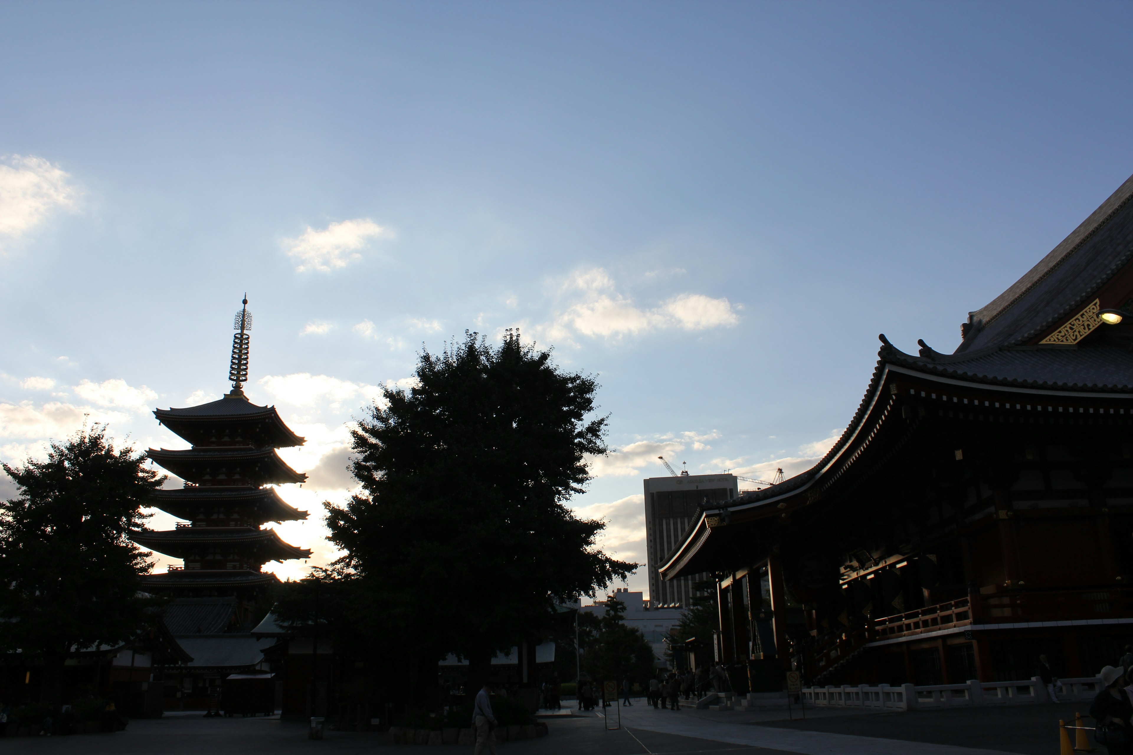 Silhouette of a pagoda and temple at dusk in Tokyo