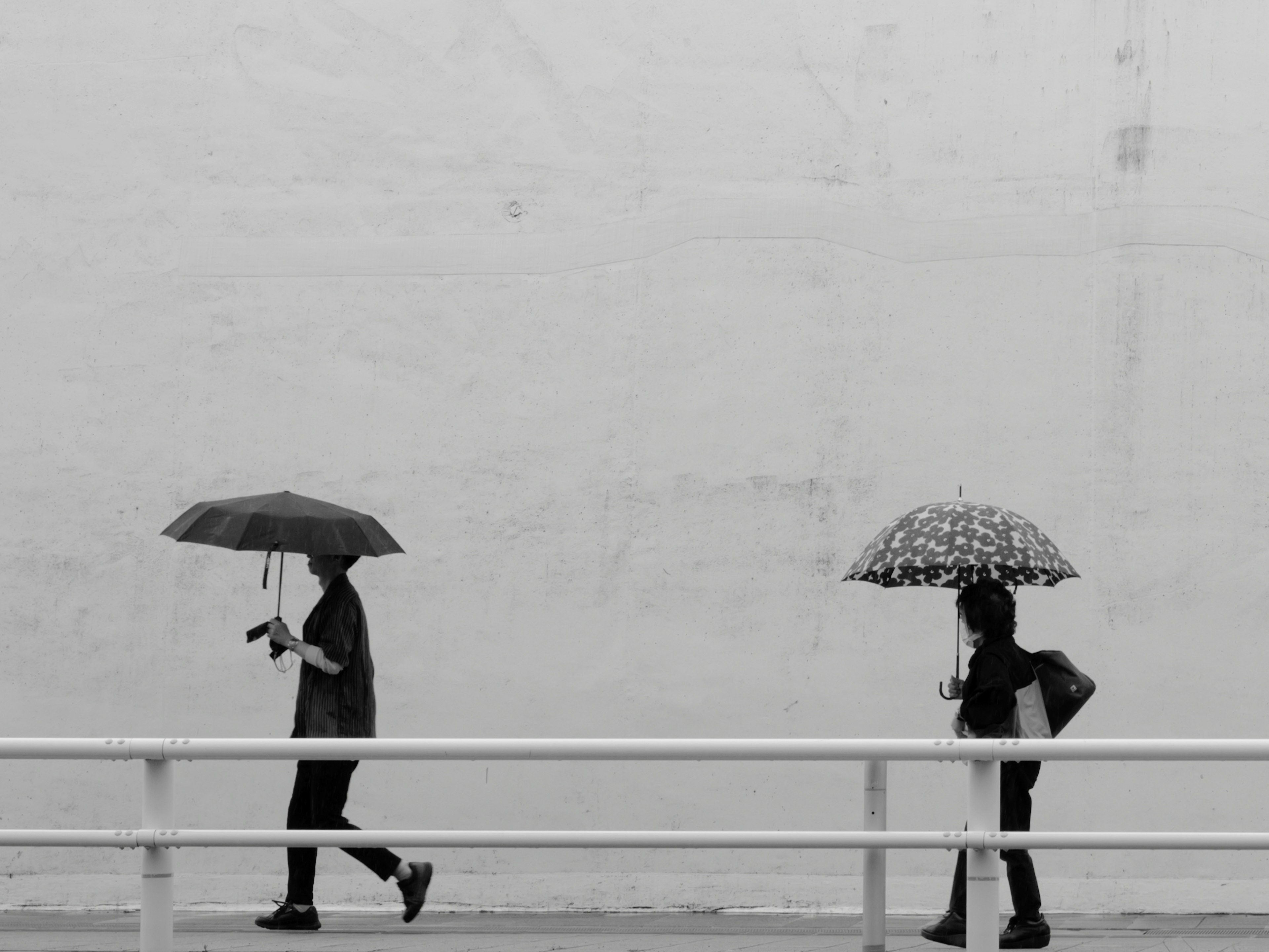 两个人在单色背景下走着，手持雨伞