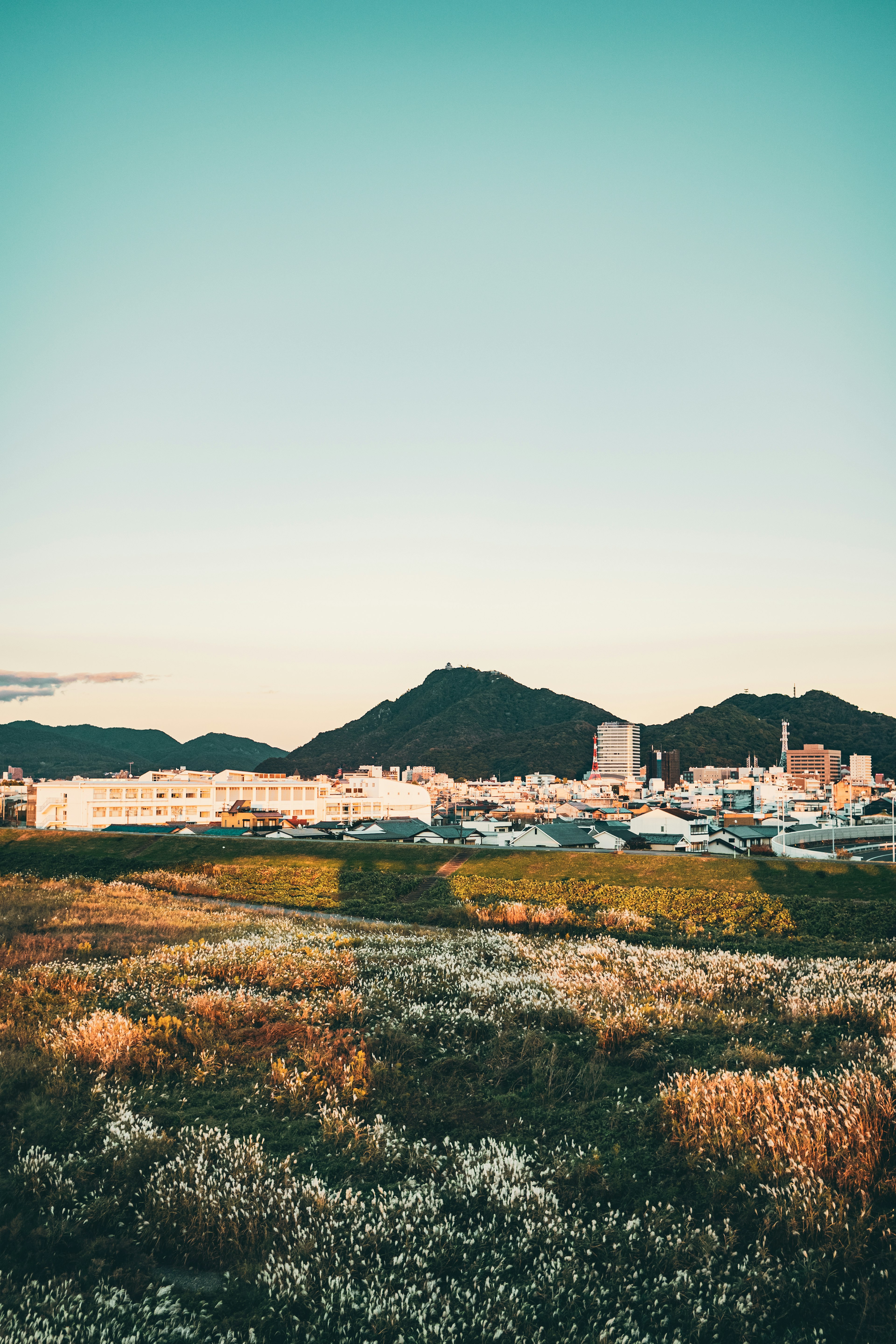 山脈和城市天際線的風景，天空晴朗