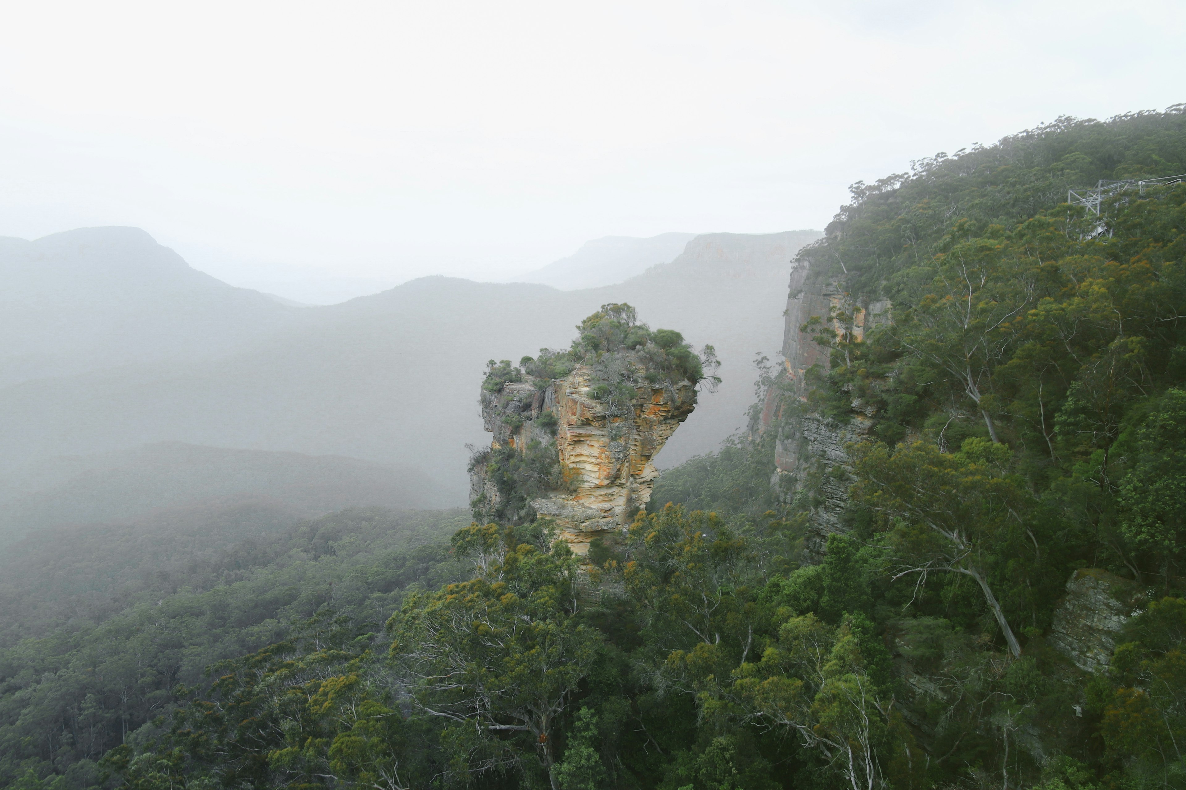 Felsformation umgeben von Nebel und üppigem Grün