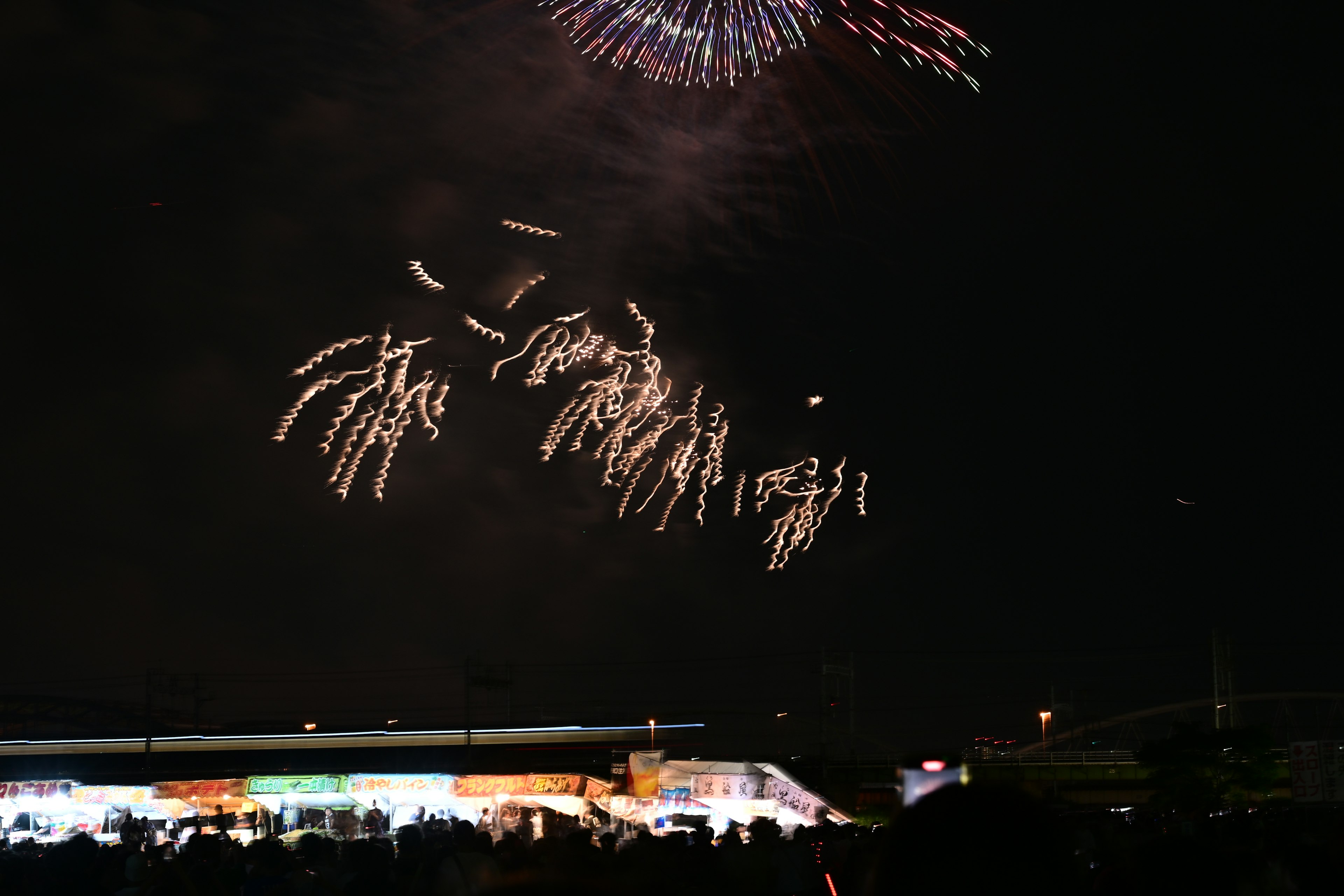 夜空に広がる花火と人々のシルエット