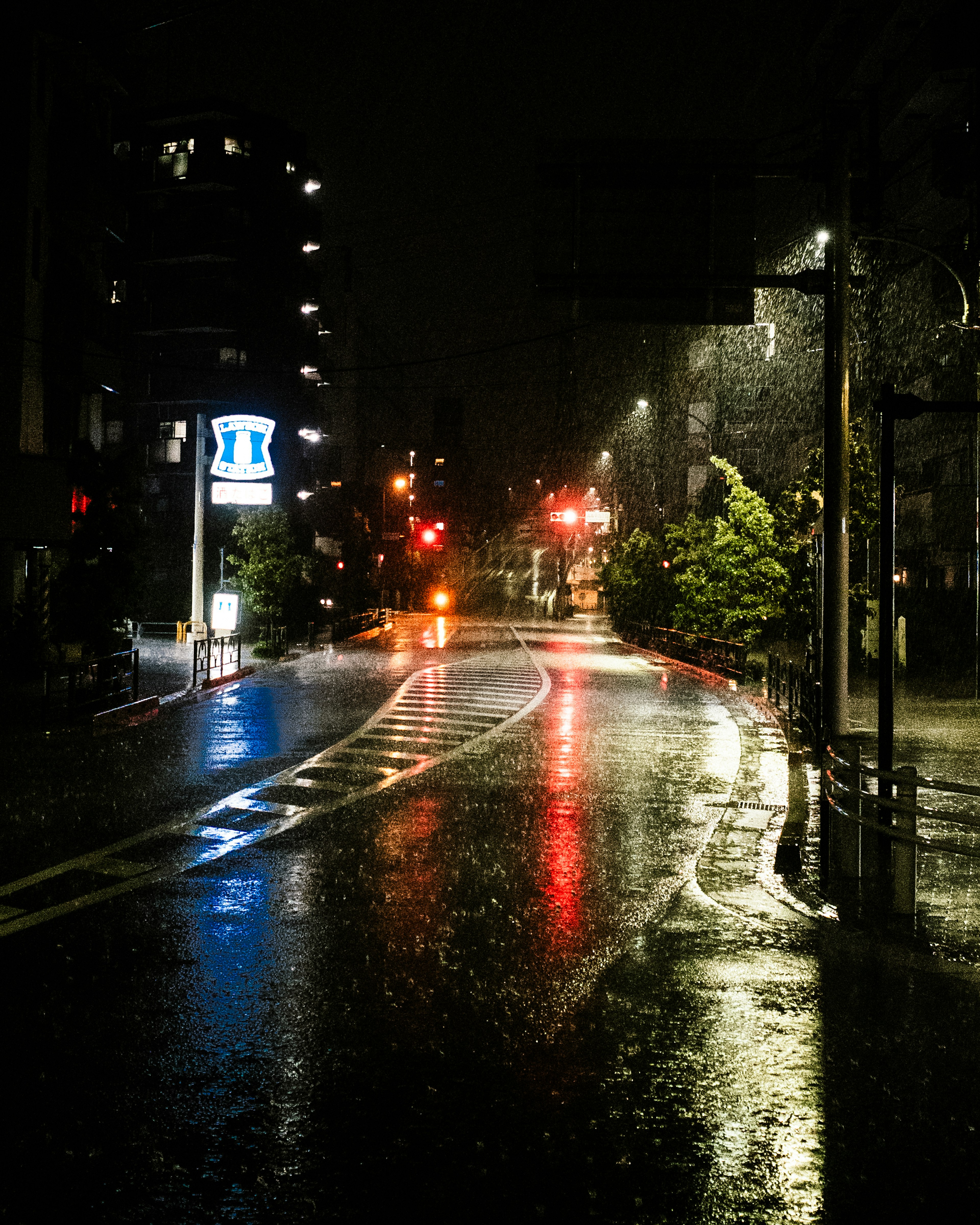 City street at night illuminated by rain with reflective traffic lights