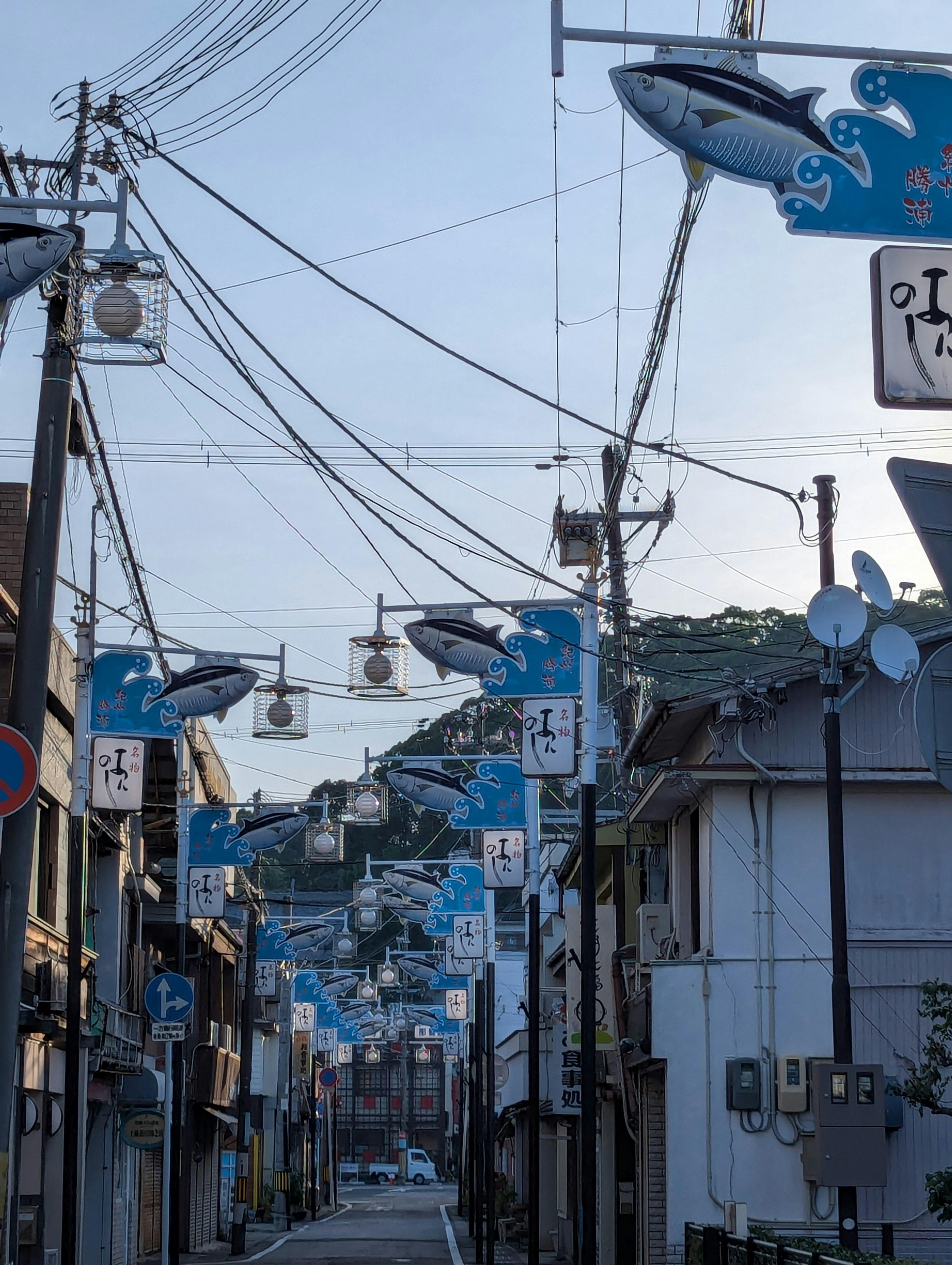 Calle tranquila decorada con faroles en forma de ballena azul