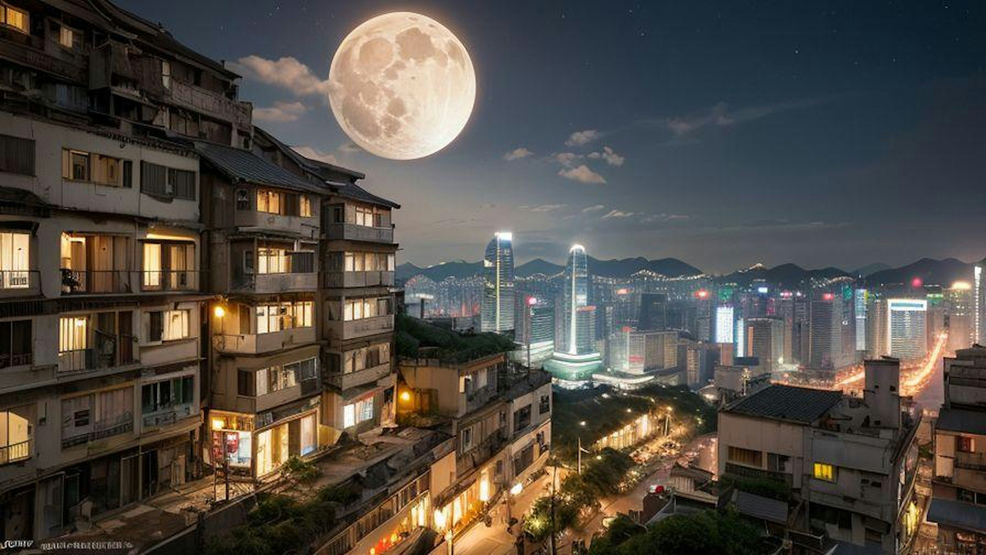 Pemandangan kota malam dengan bulan purnama besar dan gedung pencakar langit yang terang