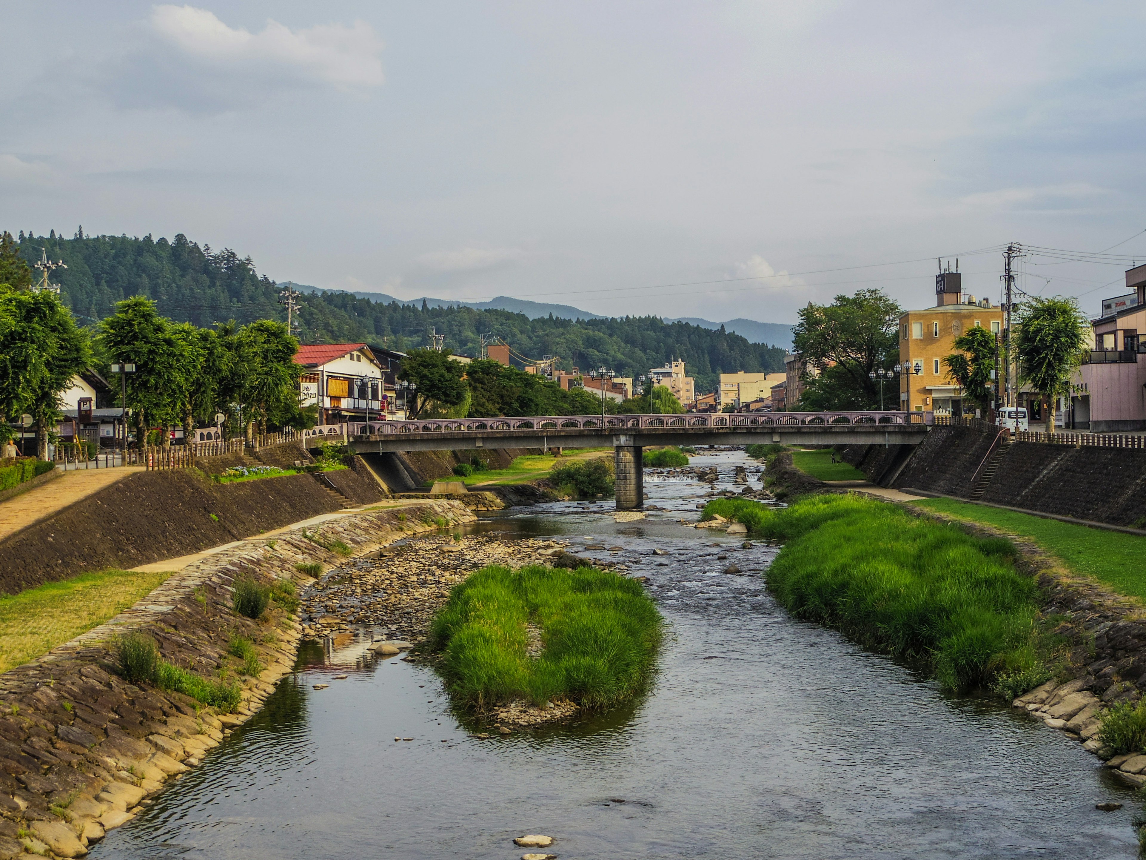 Pemandangan sungai dengan jembatan tepi hijau dan bangunan