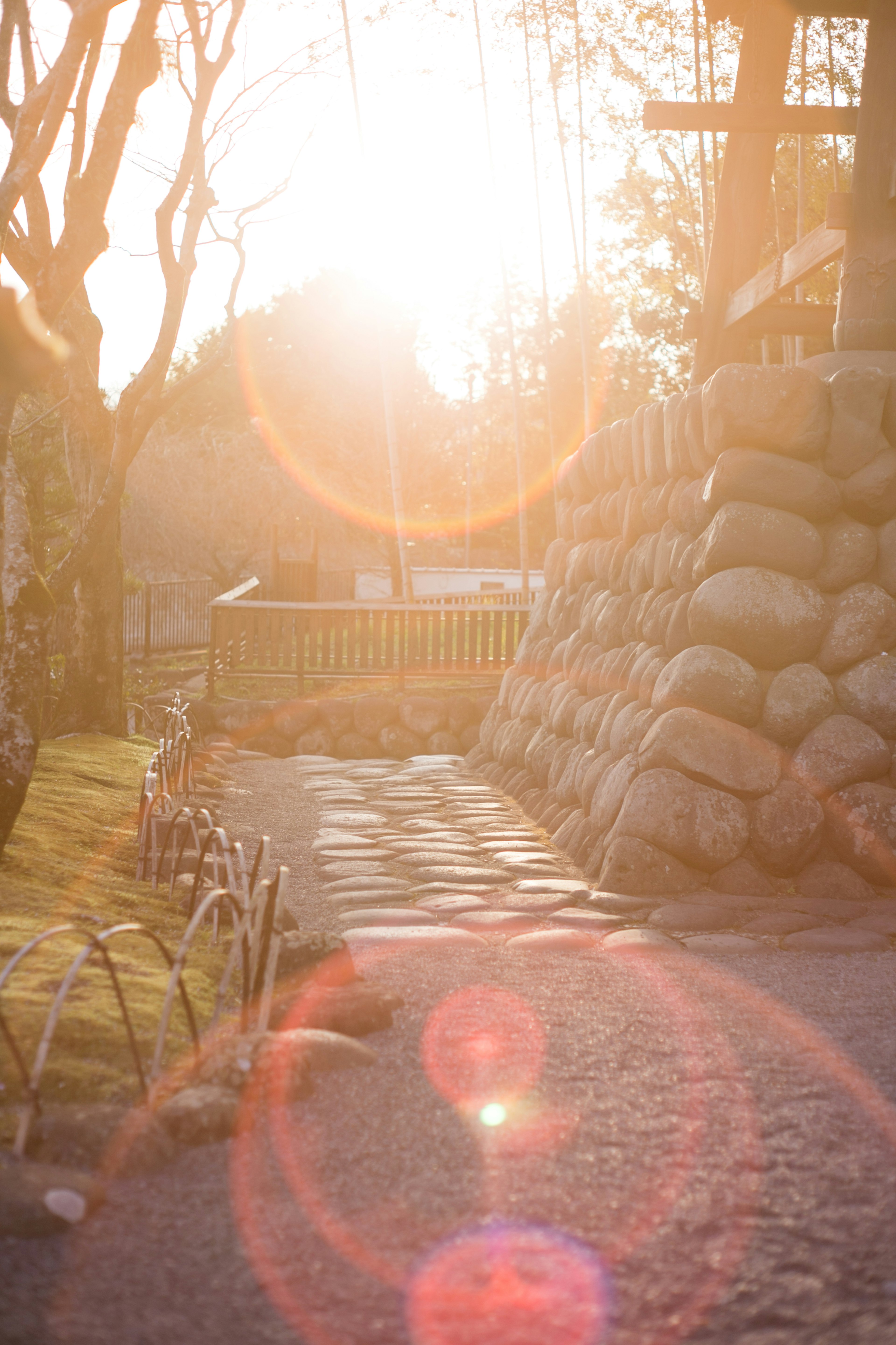 A beautiful landscape illuminated by bright sunlight featuring a stone wall and green grass