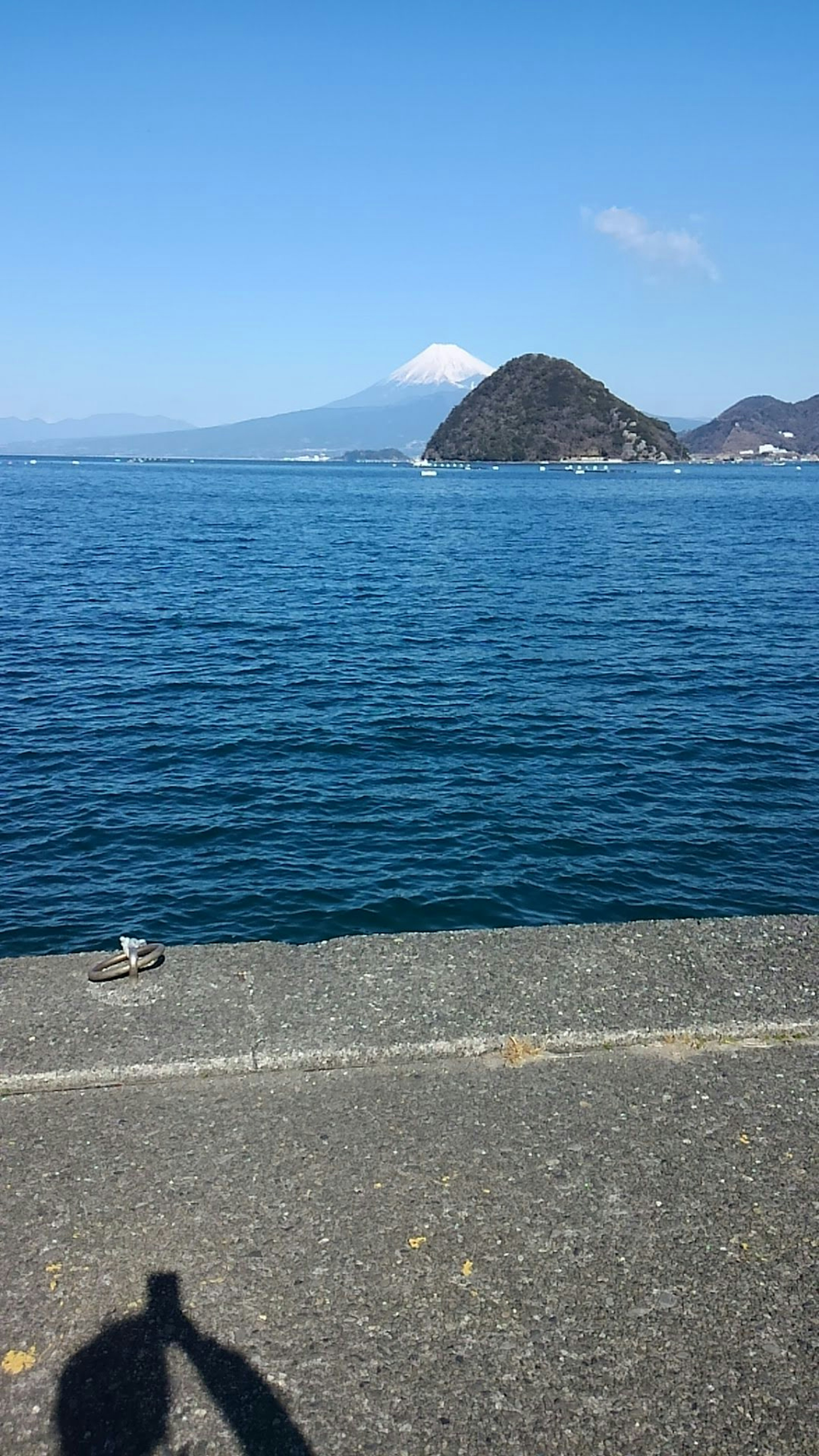 Seaside view with Mount Fuji in the distance and a shadow in the foreground