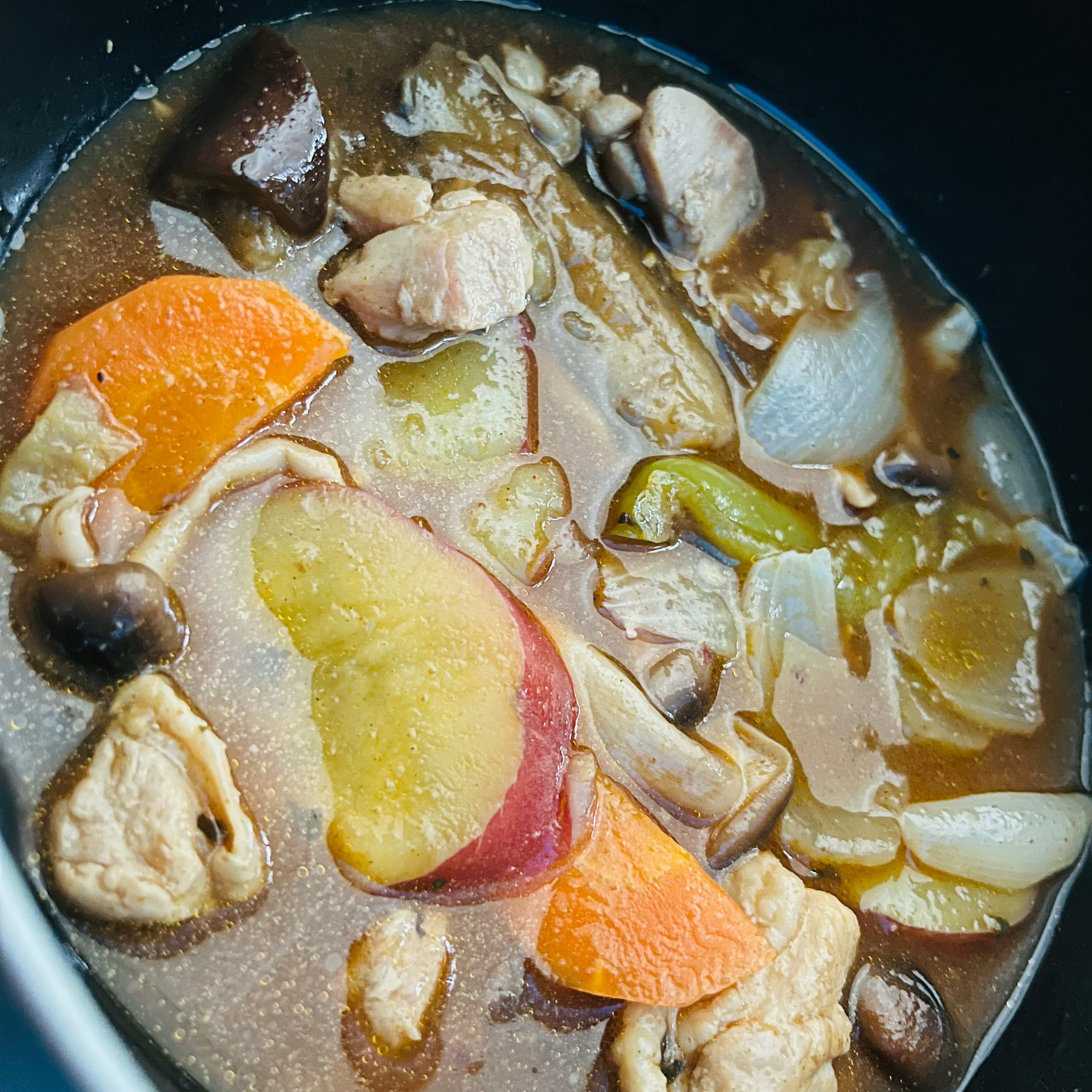 鍋の中の鶏肉と野菜のシチュー 色とりどりの野菜が入った温かい料理