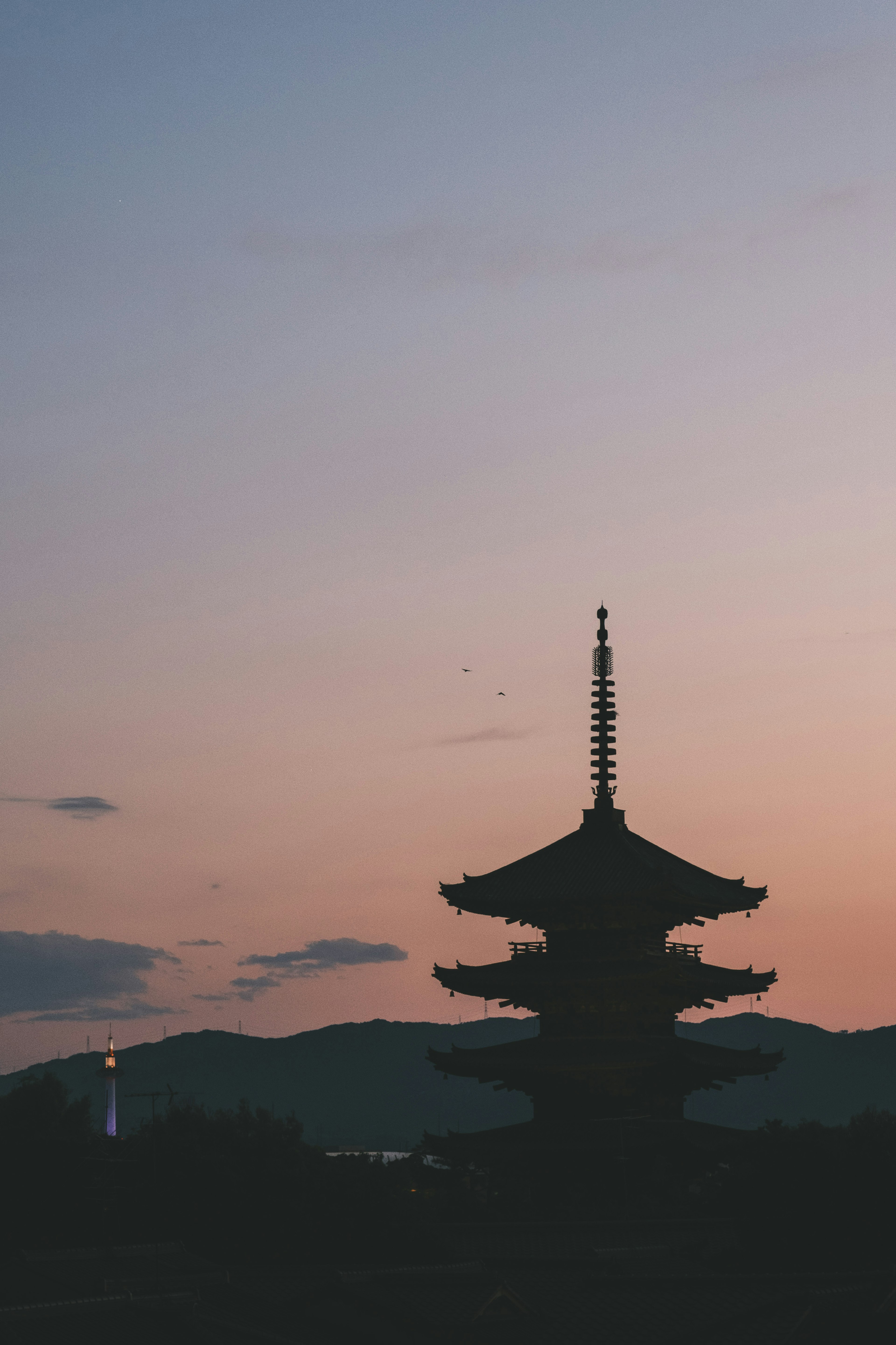 夕焼けの中に silhouetted な五重塔が広がる景色