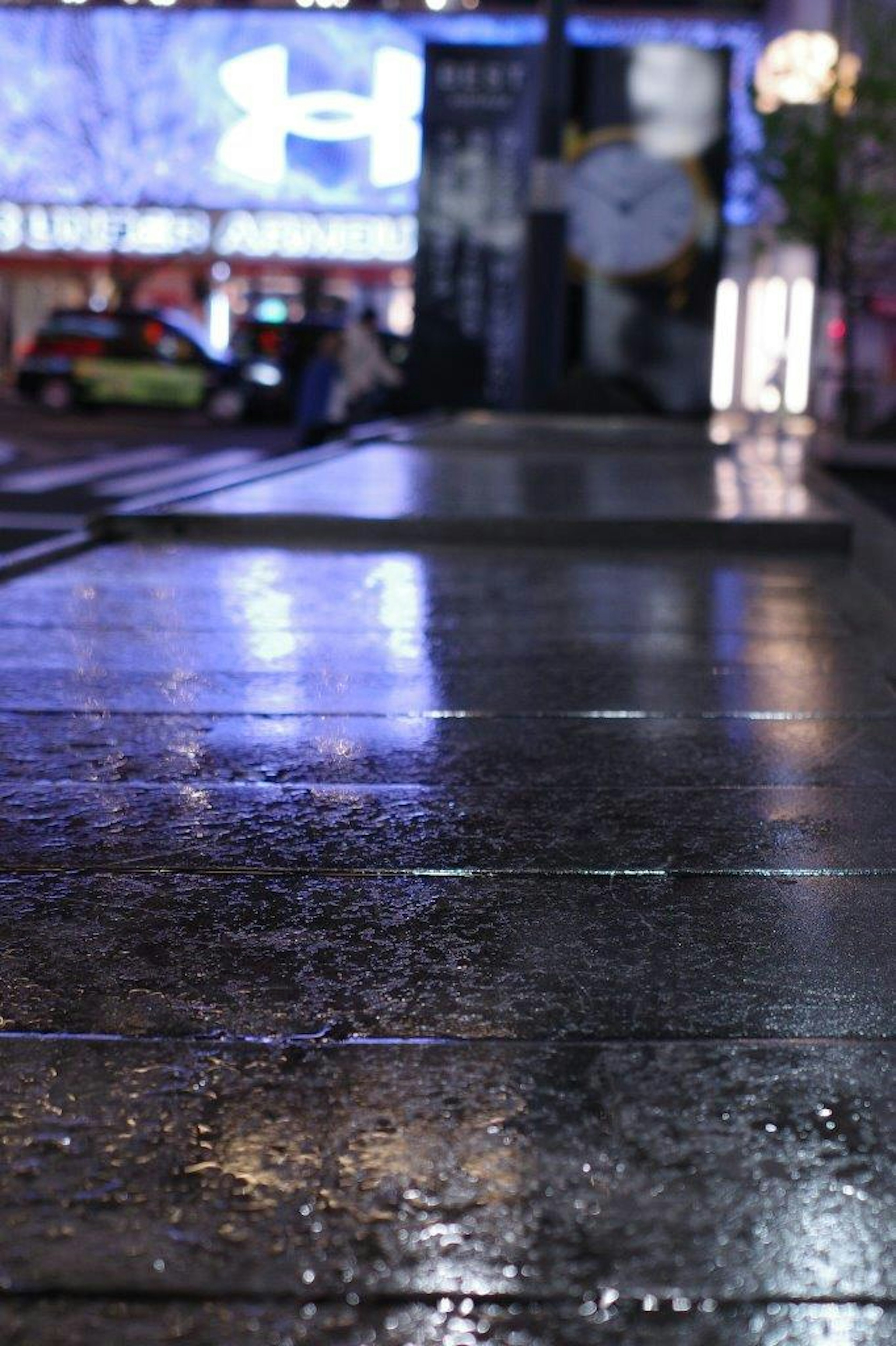 Nasser gepflasterter Weg, der Lichter reflektiert, mit leuchtendem Schild im Hintergrund