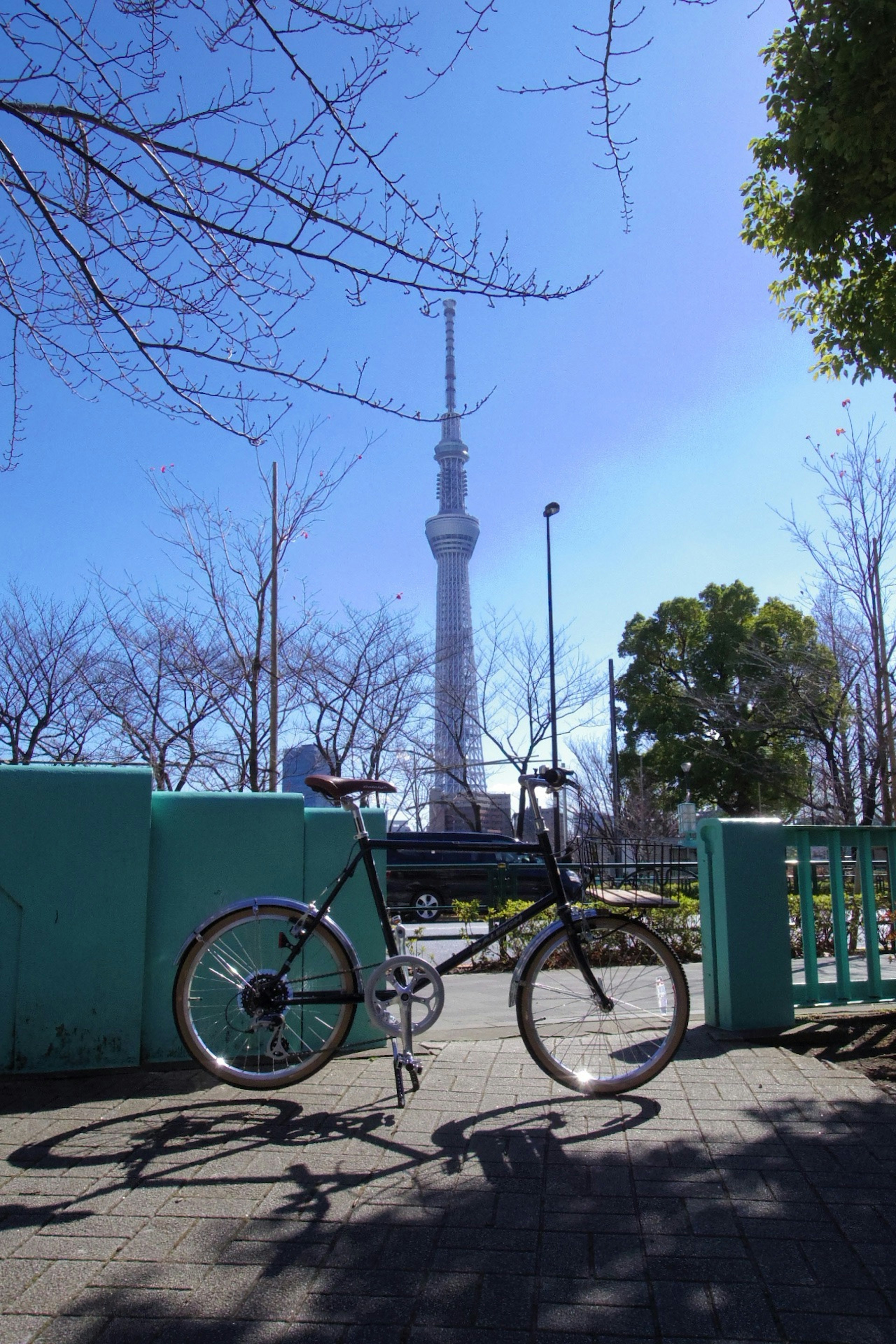 Ein Fahrrad in einem Park mit der Tokyo Skytree im Hintergrund