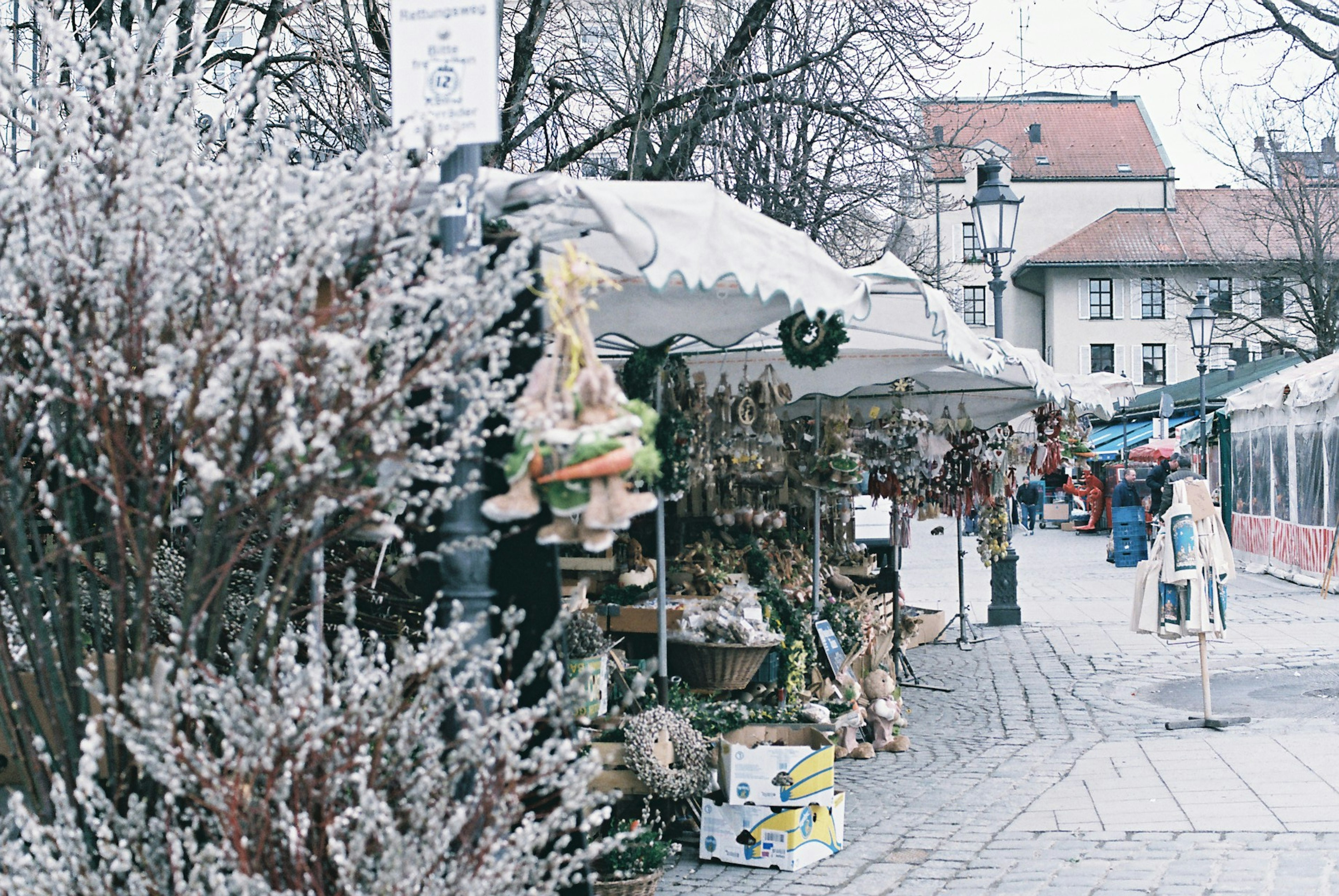 Puestos de mercado de invierno con árboles en flor