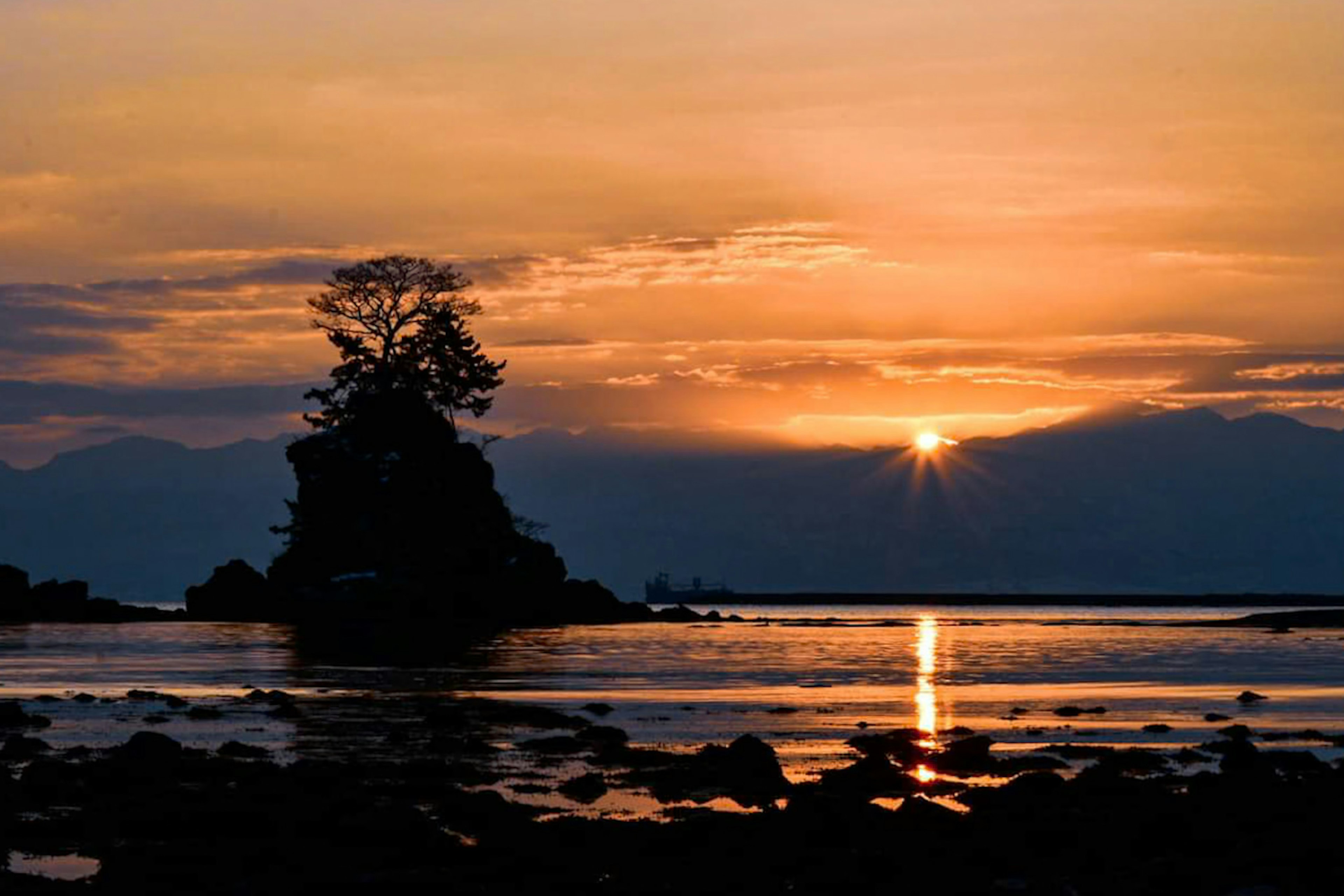 Silhouette of a small island with a tree against a sunset over the sea