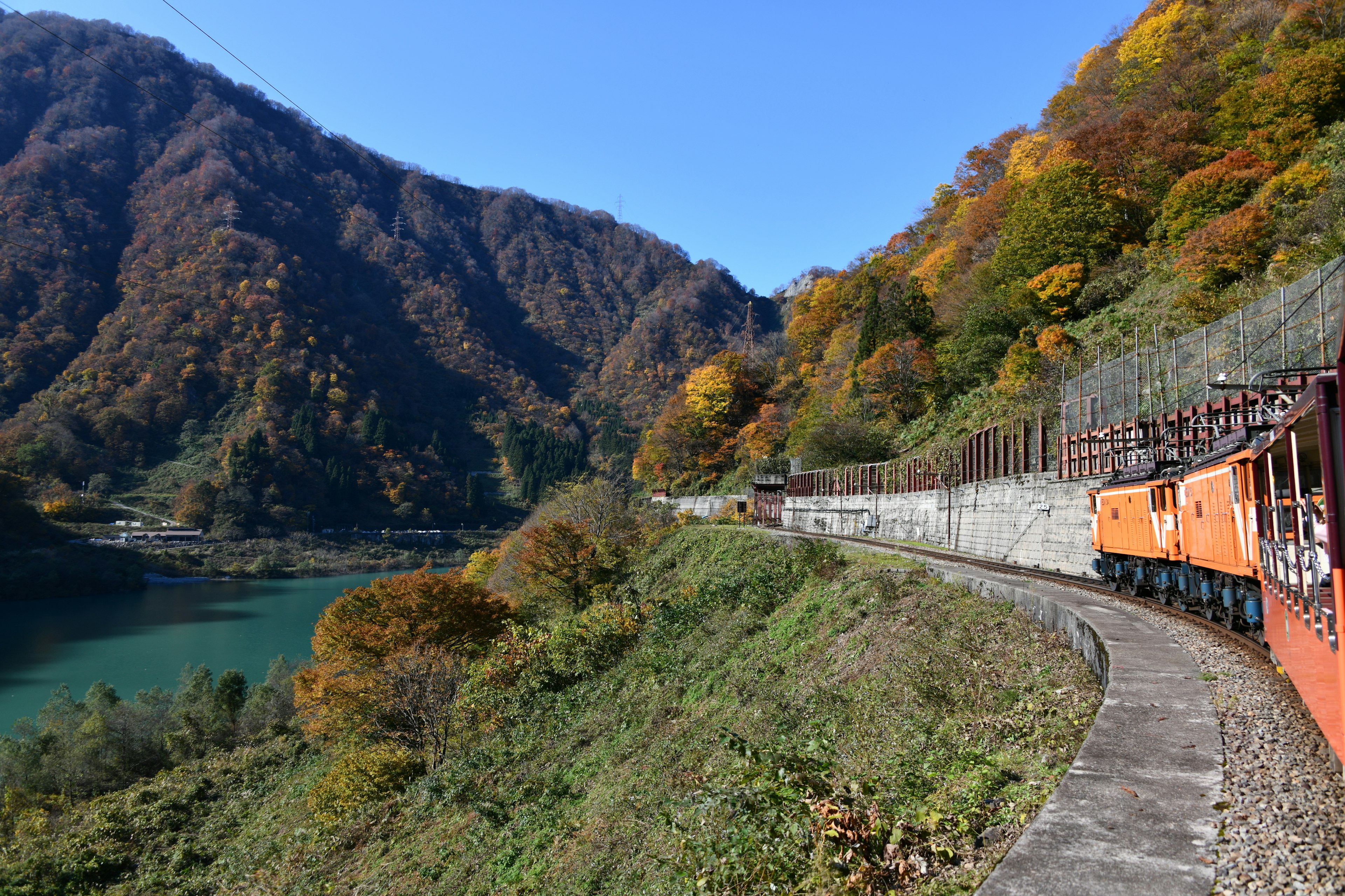 紅葉した山々に囲まれた川沿いを走る列車の風景