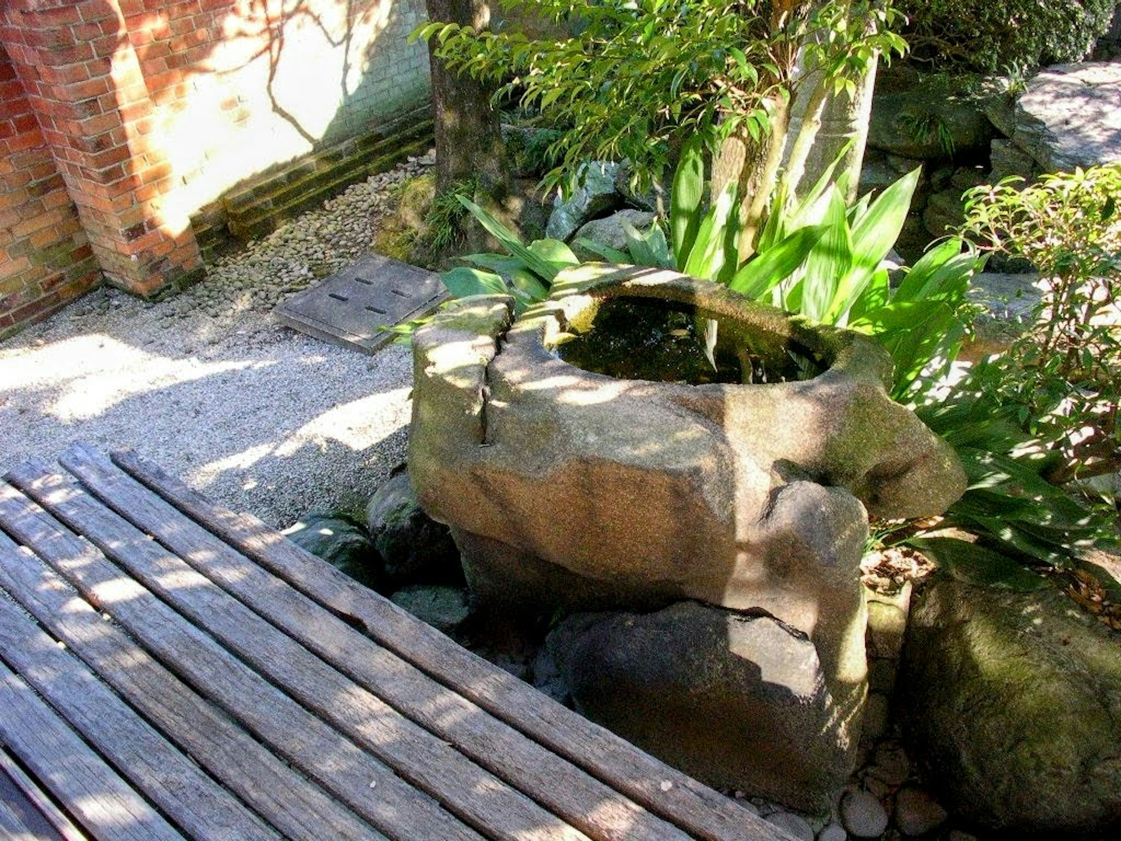 Escena de jardín serena con un estanque de piedra y vegetación exuberante