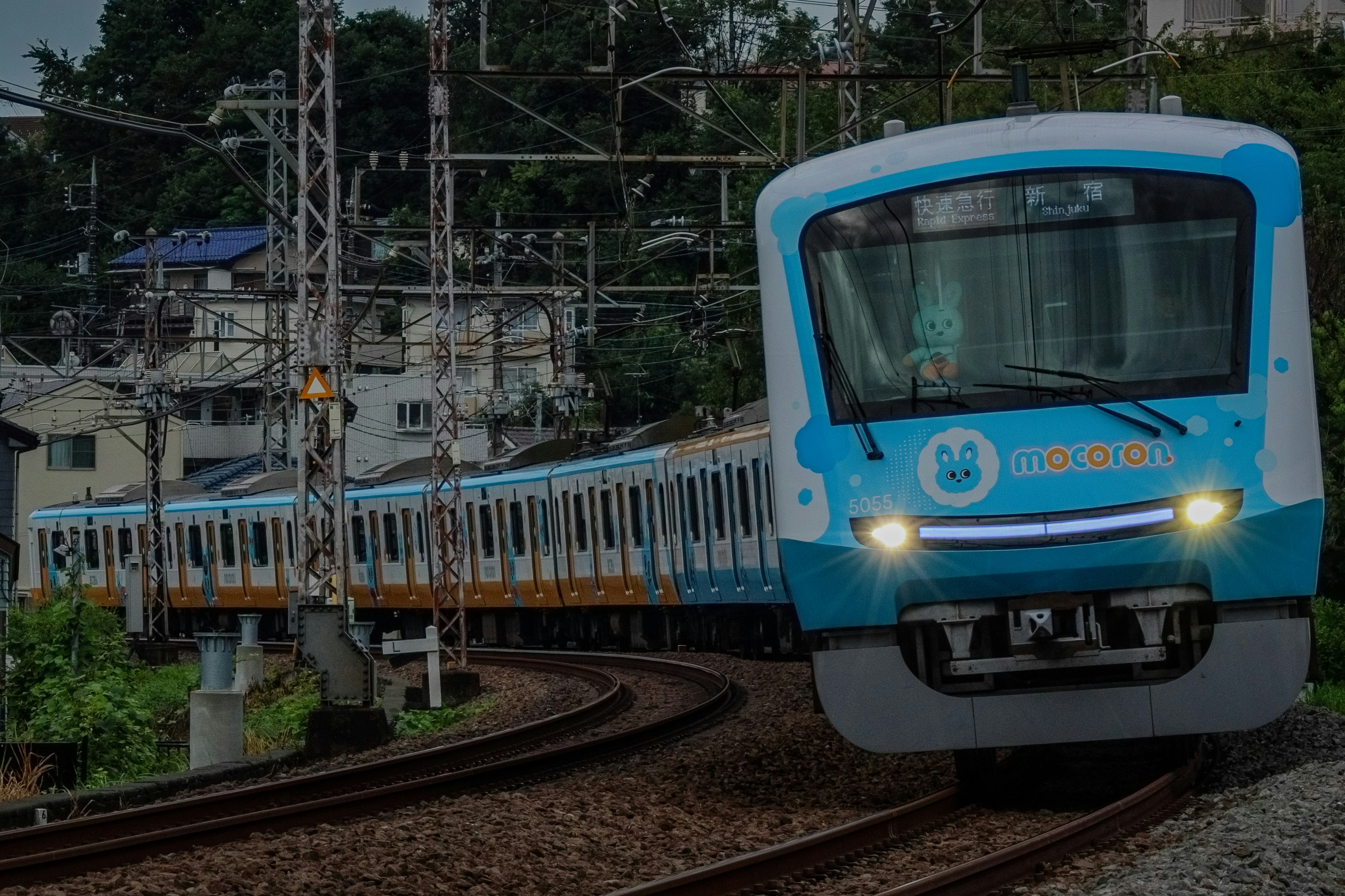 青と白の電車が曲がる線路を走っている風景