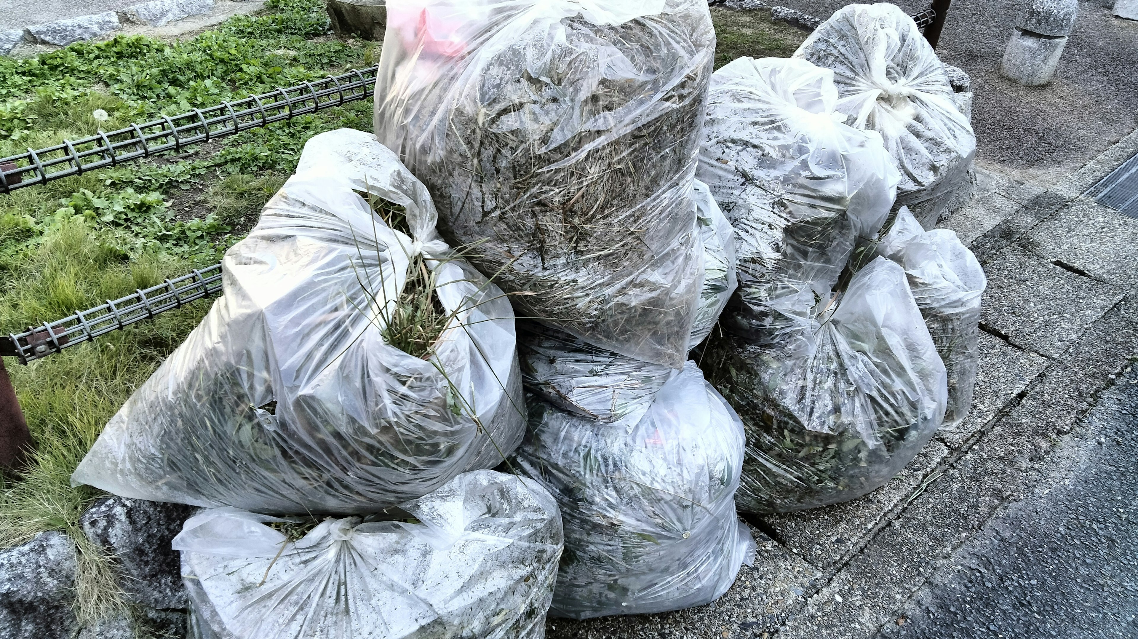 Stack of transparent plastic bags filled with waste