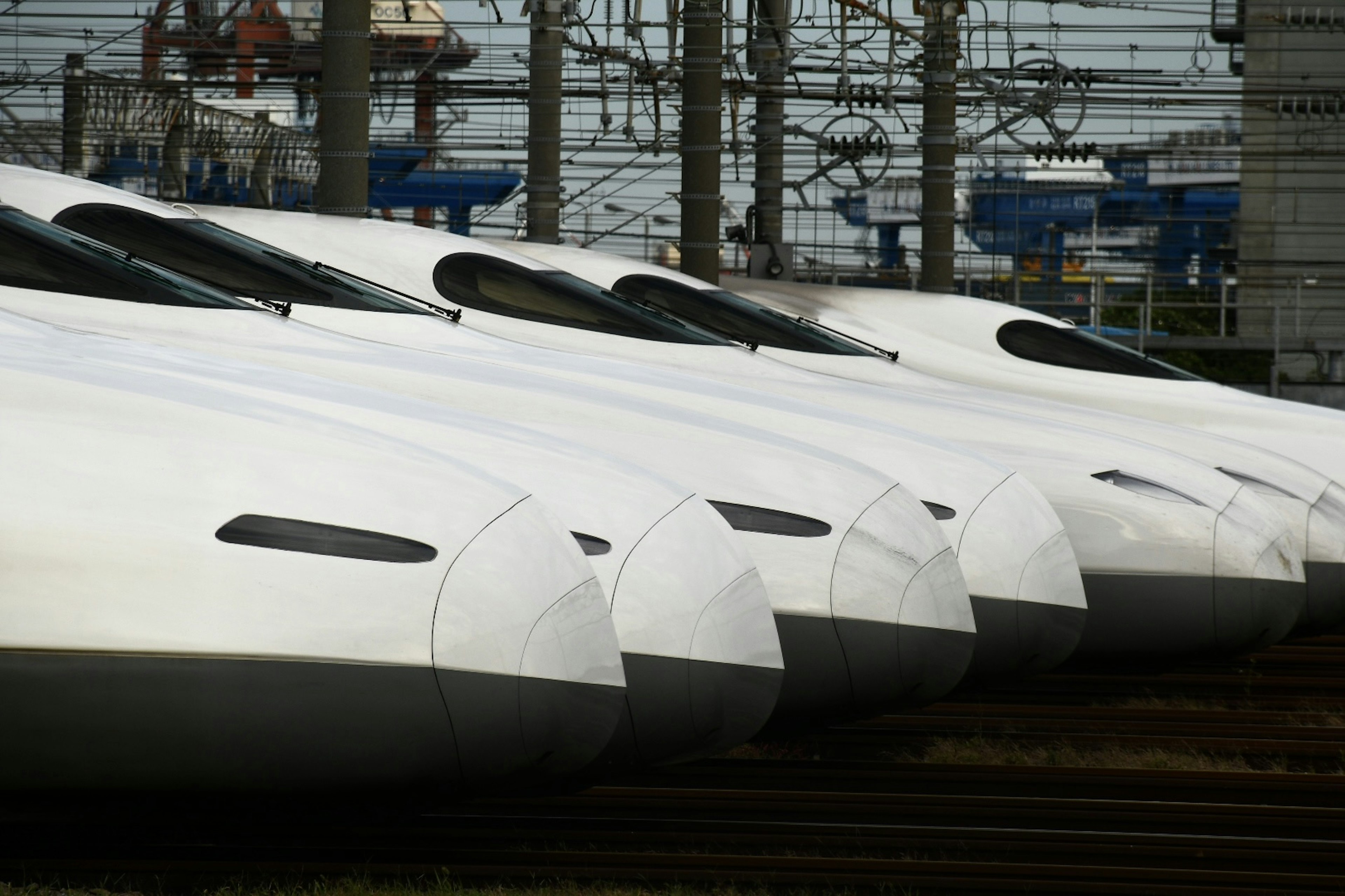 Reihe von Shinkansen-Zugnasen aufgereiht