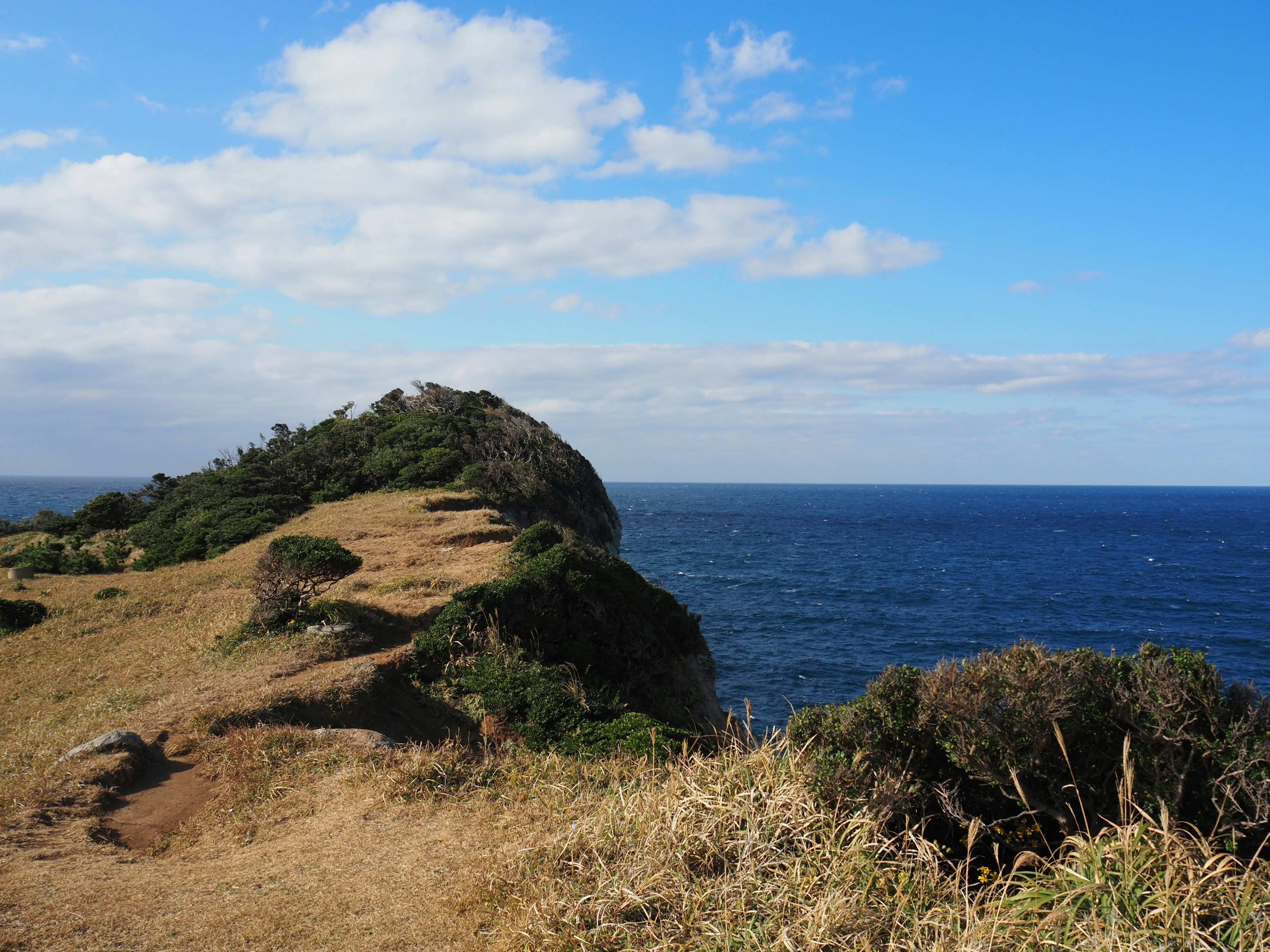 Vue de falaise surplombant l'océan avec ciel bleu