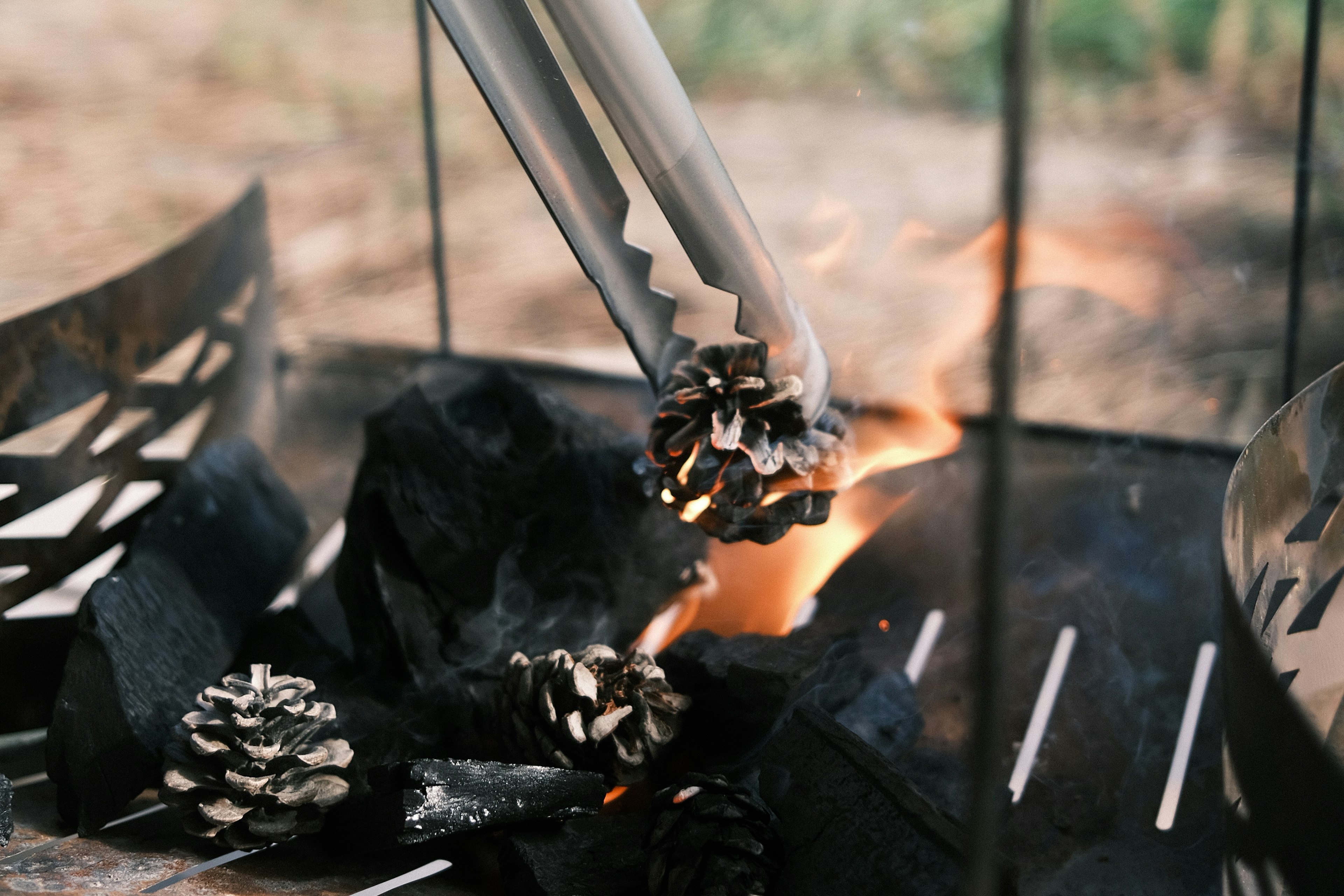 Primo piano di pinze che tengono un cono di pino sopra un fuoco