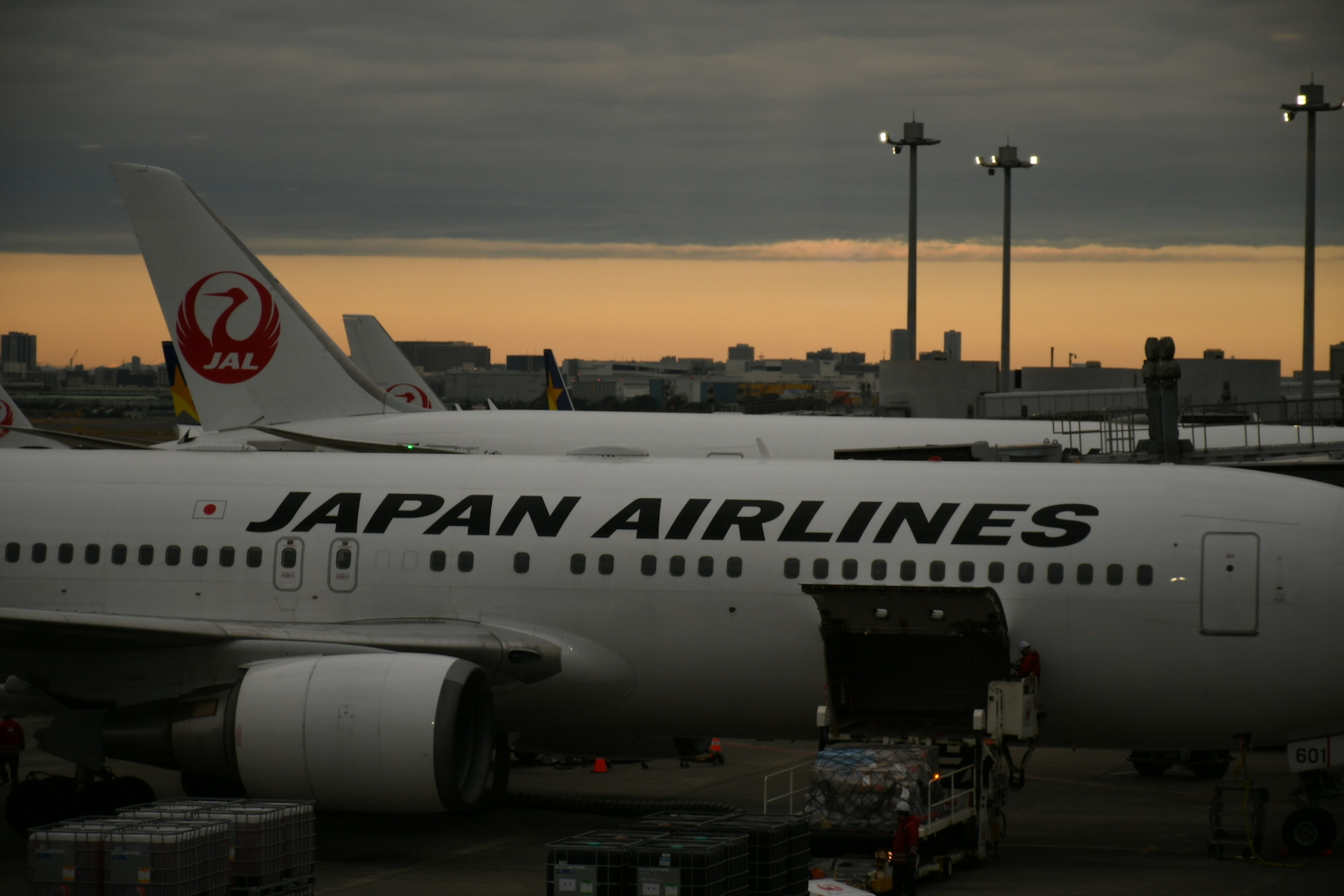 Avión de Japan Airlines estacionado bajo un cielo crepuscular