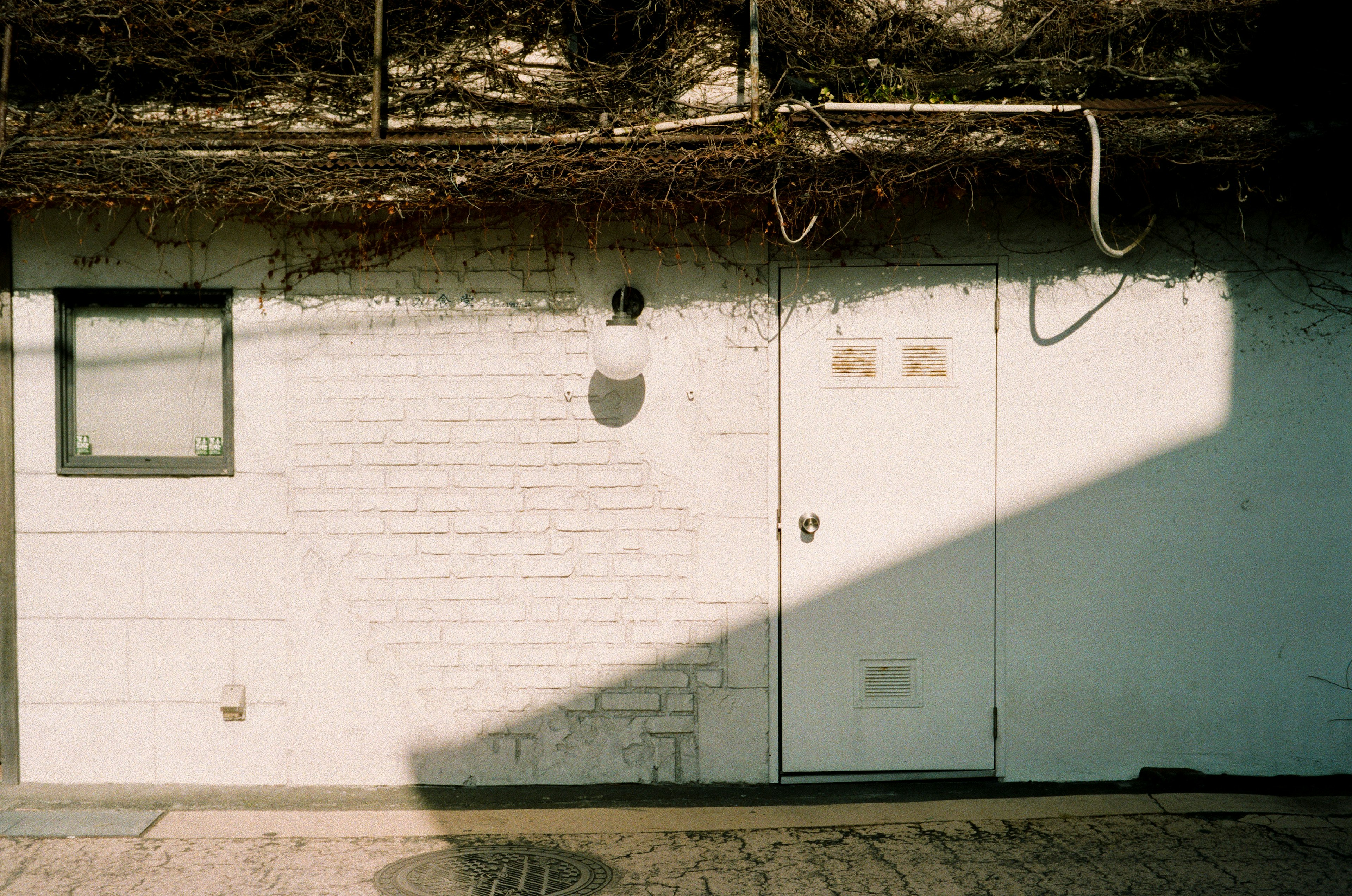 Exterior de un edificio con una pared blanca y una puerta proyectando una sombra