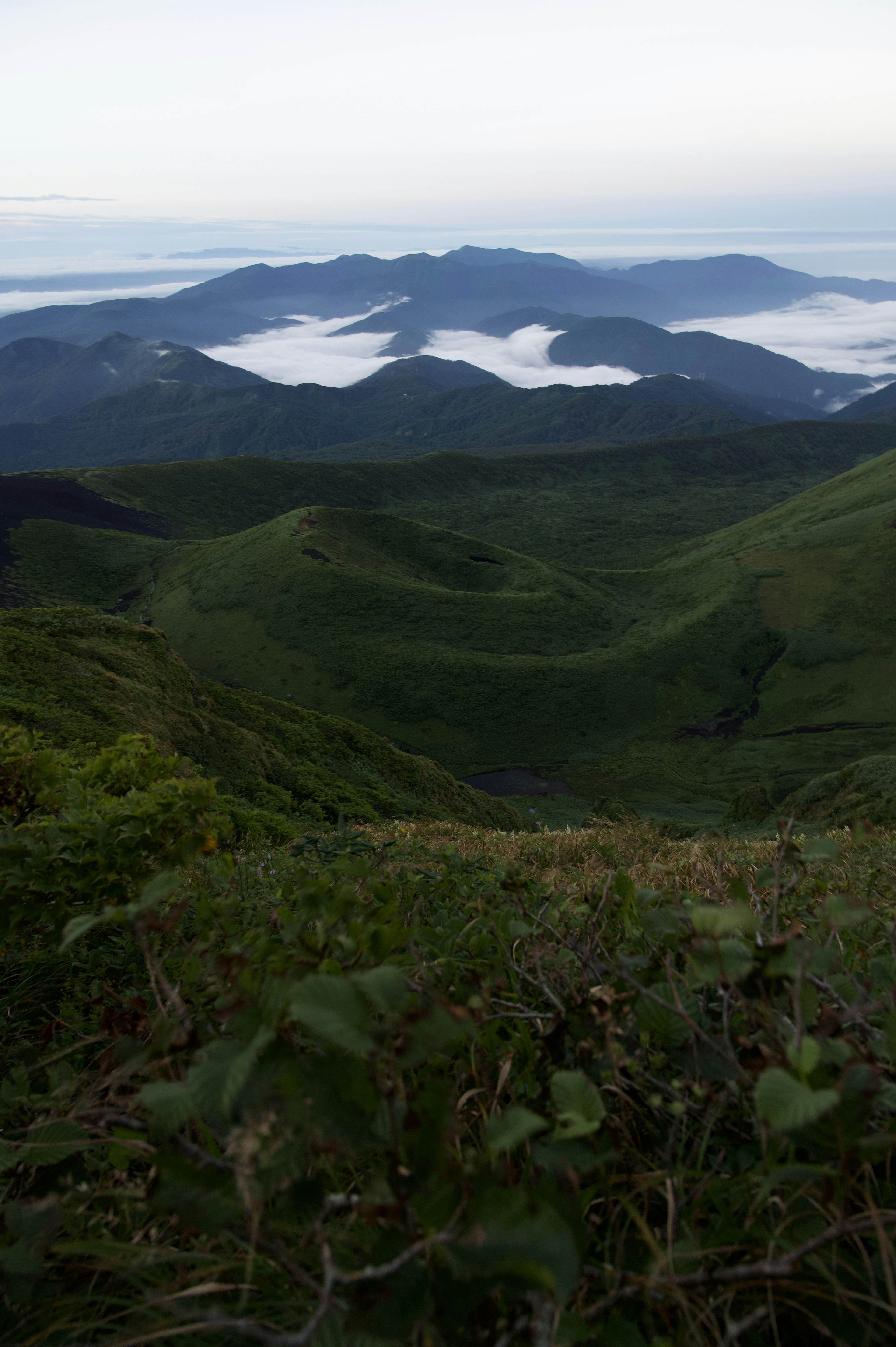 Lush green mountains with a sea of clouds in the background