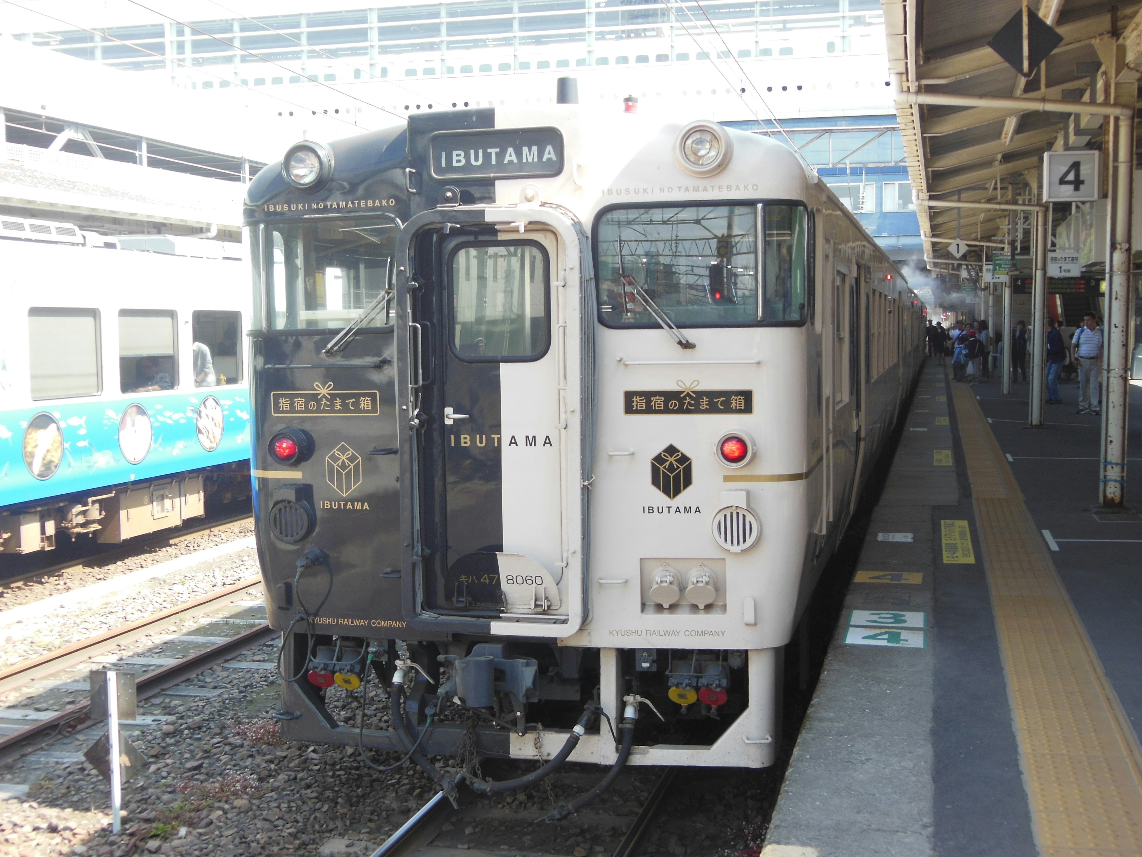 白と黒の特急電車が駅に停まっている